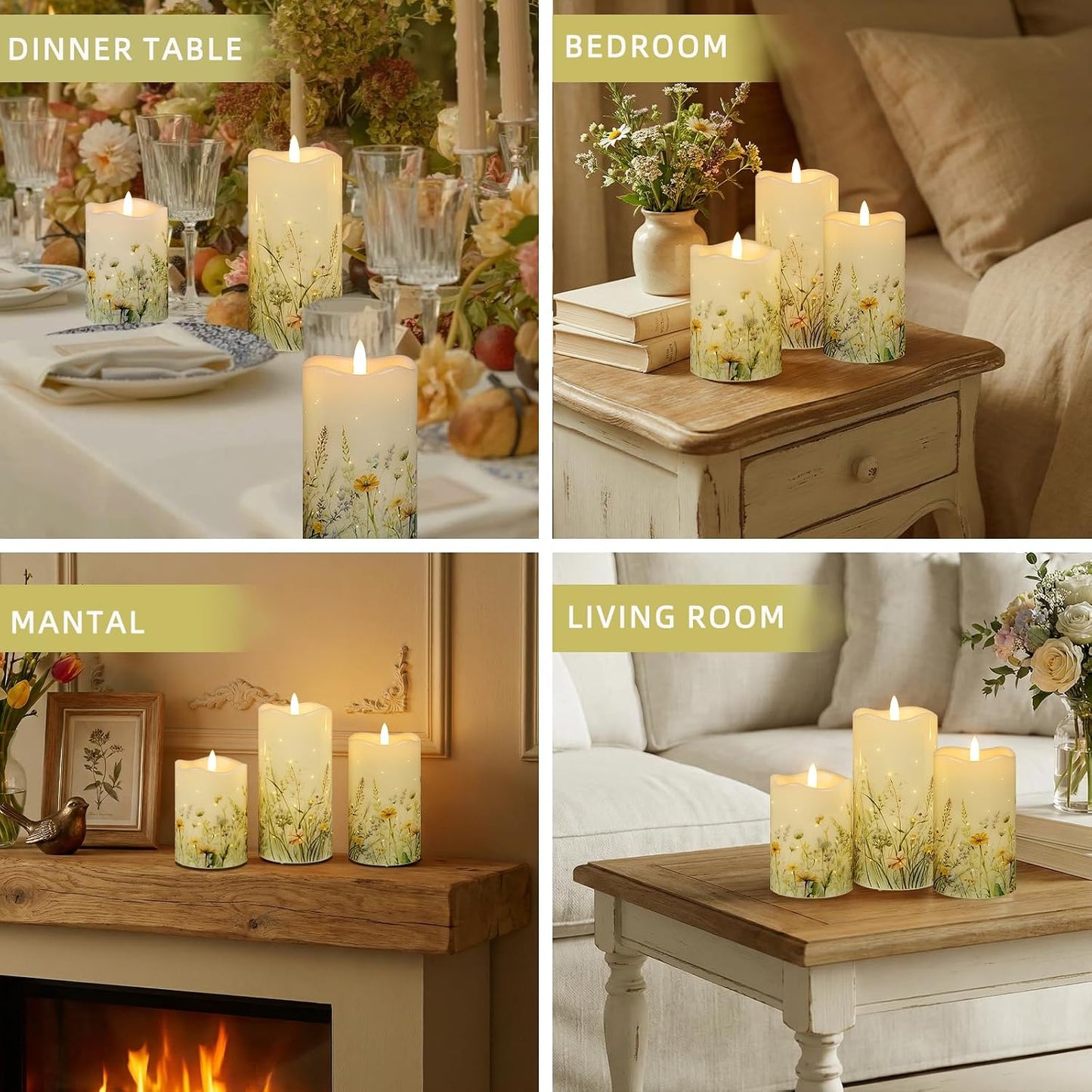 Flameless Candles, Battery Operated Floral Candles with Remote, Fiber Optic Flameless Pillar Candles Set of 3 for Spring Decorations Indoor