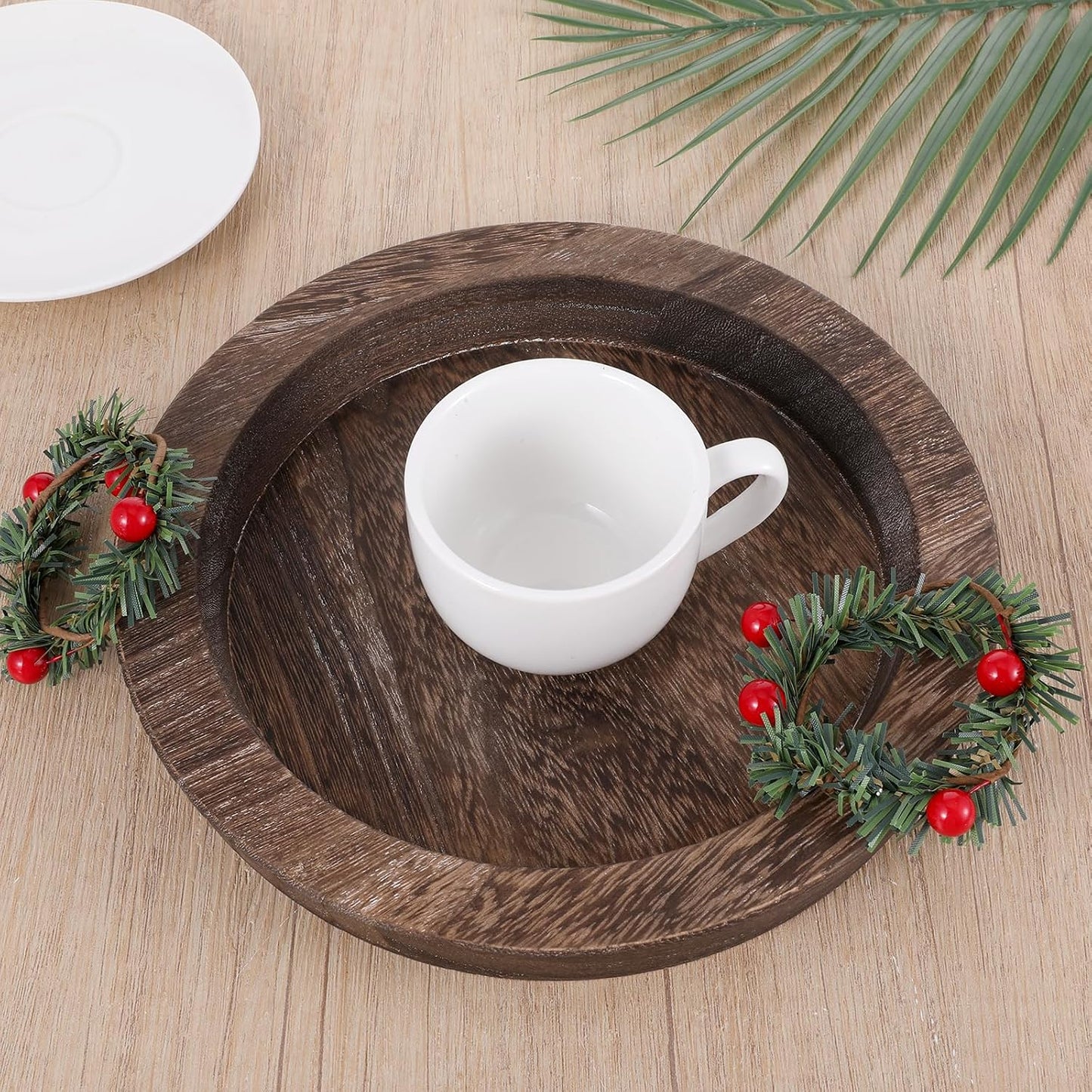 6.5 in Round Rustic Wood Tray for Decor Candle Holder Tray Wooden Serving Trayes for Coffee Table and Home Decor Small Serving Trays for Centerpiece Table Decorations Circle Dining Tables Trays