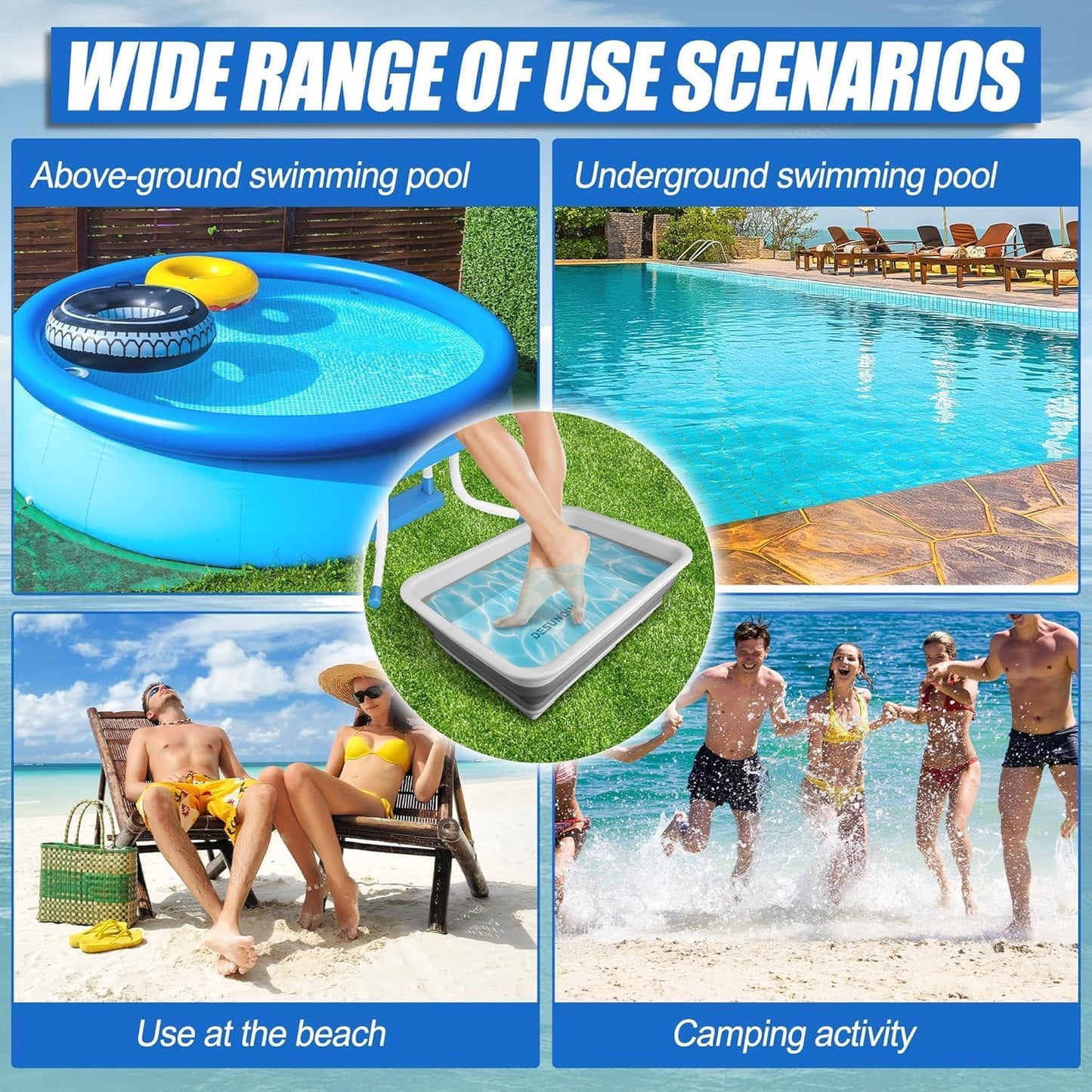 Pool Foot Bath Tray for Swimming Pool, Non- Slip Collapsible Foot Bath for Pool, Portable Foot Tub for Pool for Above Ground Pool Accessories, Rinse Feet Keep Pool Clean (Grey + White)
