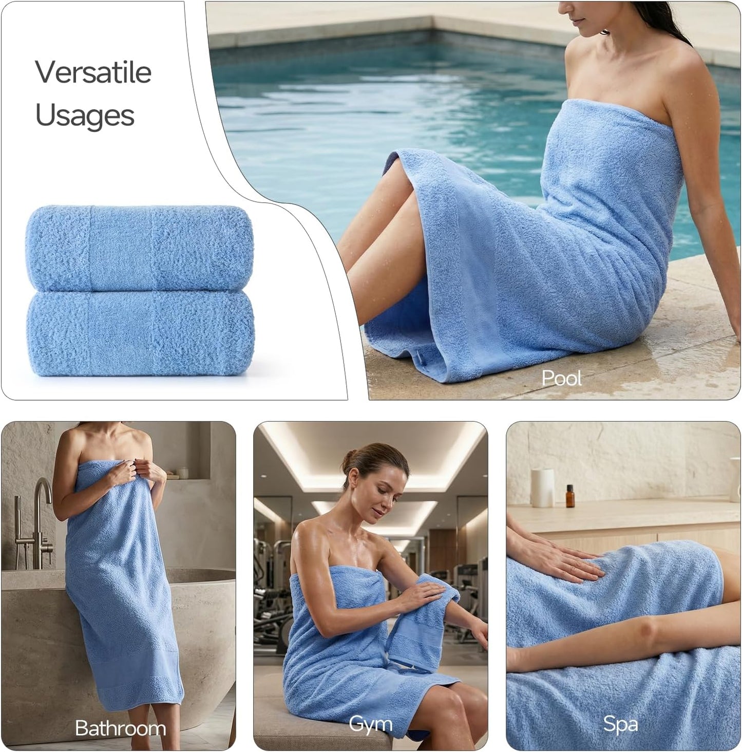 REDKISS 2 Pack Luxury 30x58 Inch Large Cotton Bath Towels Set,Ocean Blue | 100% cotton luxury fabric, ultra soft, highly absorbent & quick dry ocean blue towels for bathroom, gym, hotel and spa
