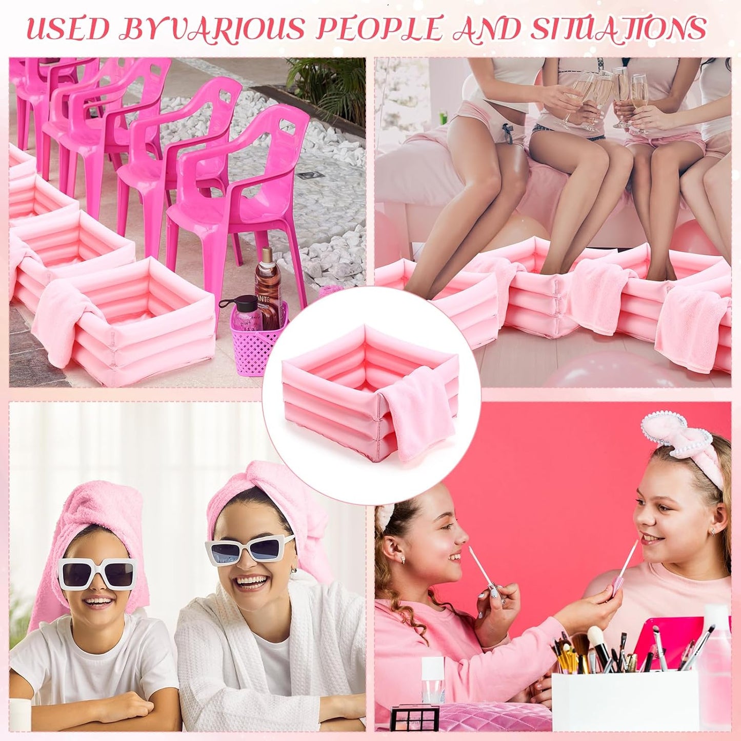 FillTouch 12 Pcs Foot Spa Kit for Girls Kids 12.5''x12.5''x8.3'' Foot Care Bath and 12''x28'' Hand Towels Washbasin Salon Towels Portable for Sleepover Spa Swim Birthday Party Supplies(Light Pink)