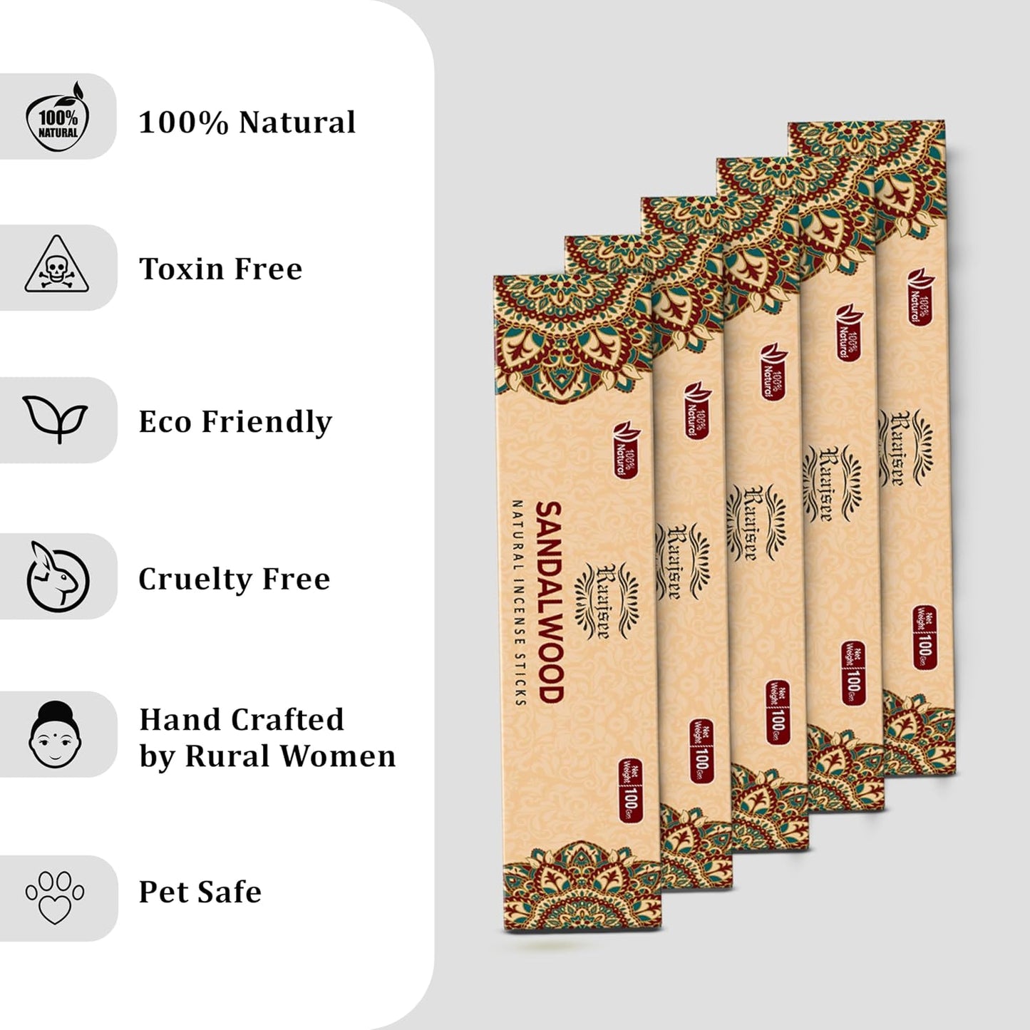 Raajsee Sandalwood Incense Sticks (180 gm), 100% Pure Organic Natural Hand Rolled Free from Chemicals - Sandalwood Incense Perfect for Aromatherapy, Cleansing, Meditation, and Church (Pack of 12)