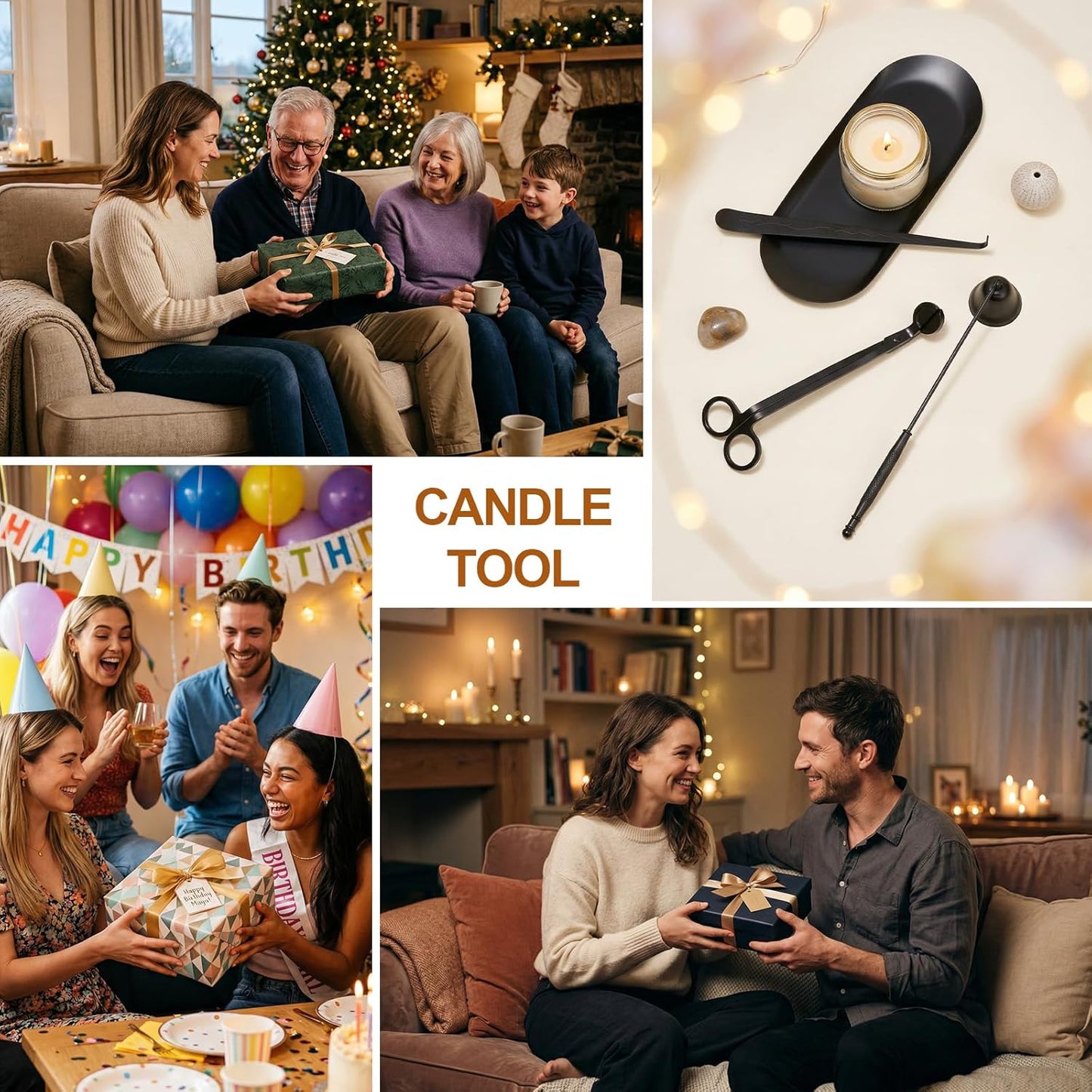 tifanso 4-in-1 Candle Care Kit with Wick Trimmer Cutter, Extinguisher Snuffer, Dipper and Storage Tray Plate, Stainless Steel Wick Scissors Accessories with Gift Package for Candle Lovers (Black)