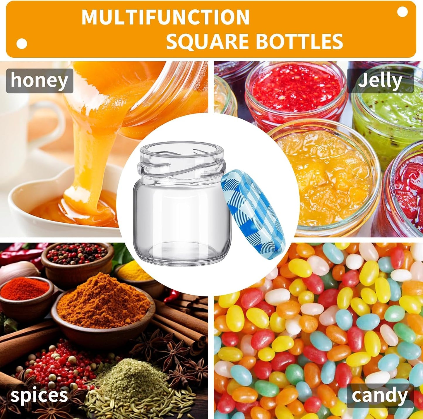 20Pack 1.5 oz Round Mini Clear Honey Jars for Wedding Favor, Baby Shower,45ml Small Glass Favor with Airtight Lids, Gift Jars, Sample Body Butter, Jam, Spices, Herbs, Candy, Candle (Blue grid lid)