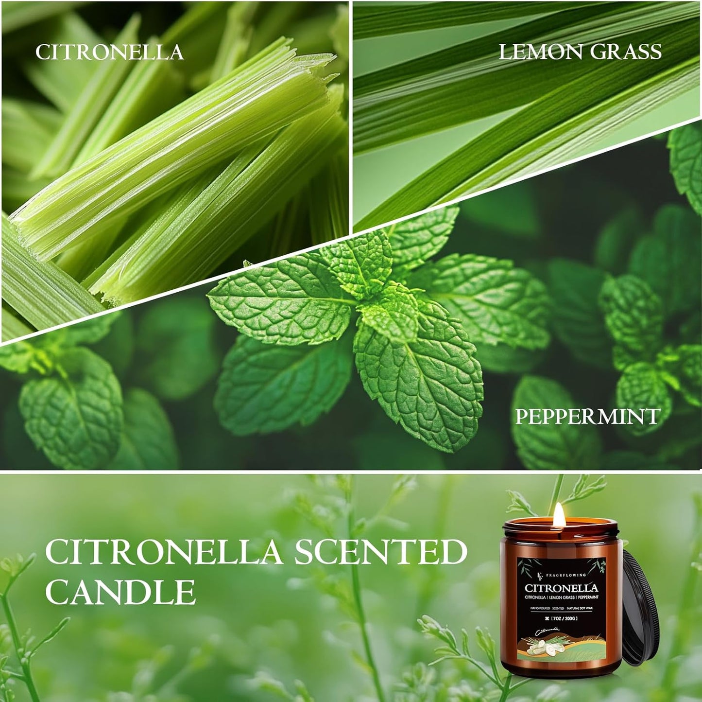 Citronella Candle, Indoor Outdoor Lemongrass Scented Candle,Natural Soy Wax Jar Candle, 50-Hour Burn Time, 7 oz