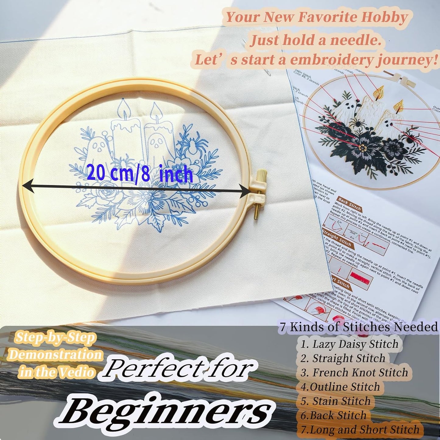 FONNUY Halloween Embroidery Kits for Beginners,Skull Pumpkin Spider Web Floral Stamped Cross Stitch Kit for Adults, Spooky Season Boho Wall Decor, 8'' Hoop (Candles)