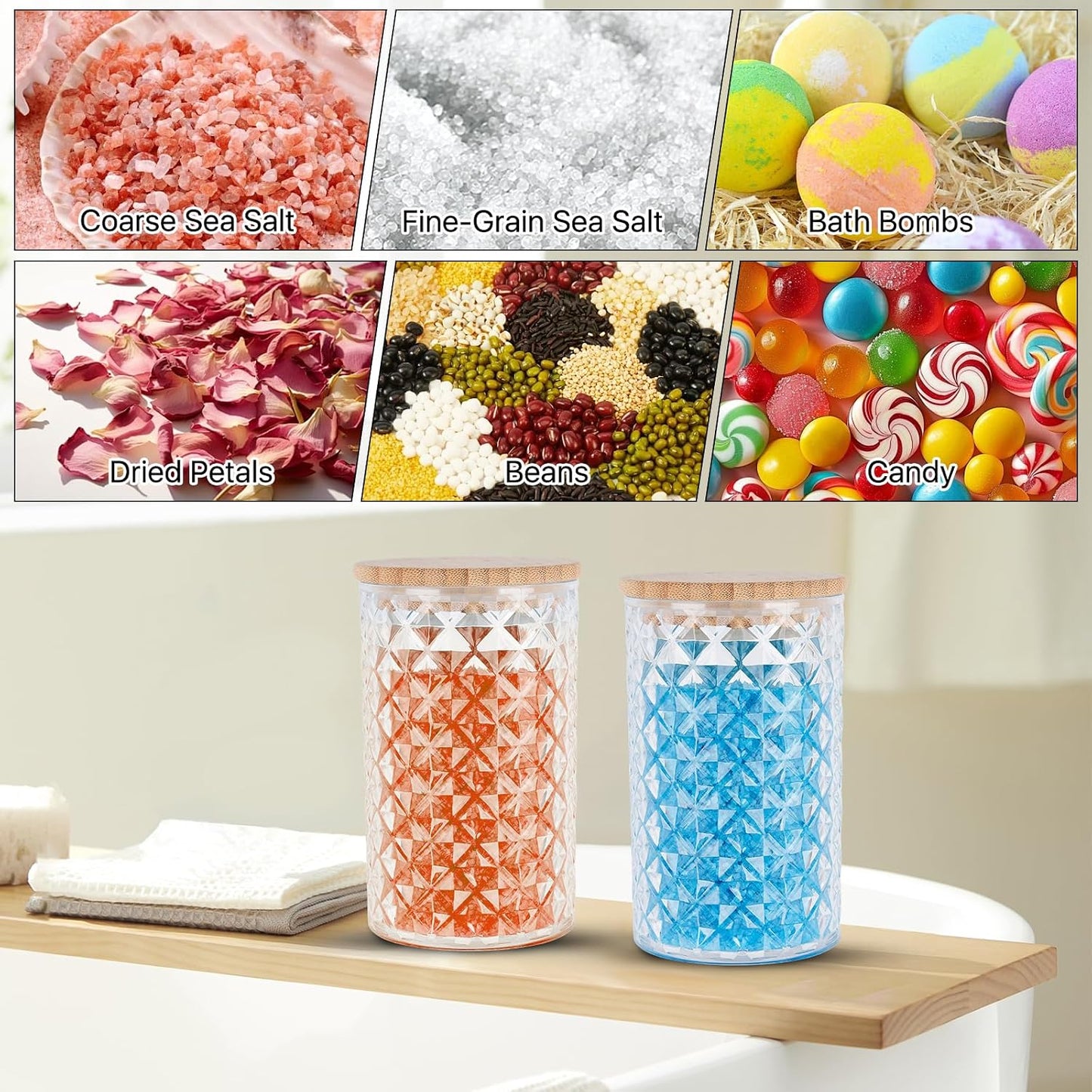 1000ML/33OZ Acrylic Bath Salt Container, Anti-shatter Bath Salt Jars with Airtight Lids & Wooden Scoop, Acrylic Jars with Lids for Coffee, Sugar, Cookie, Bath Tub Accessories for Women