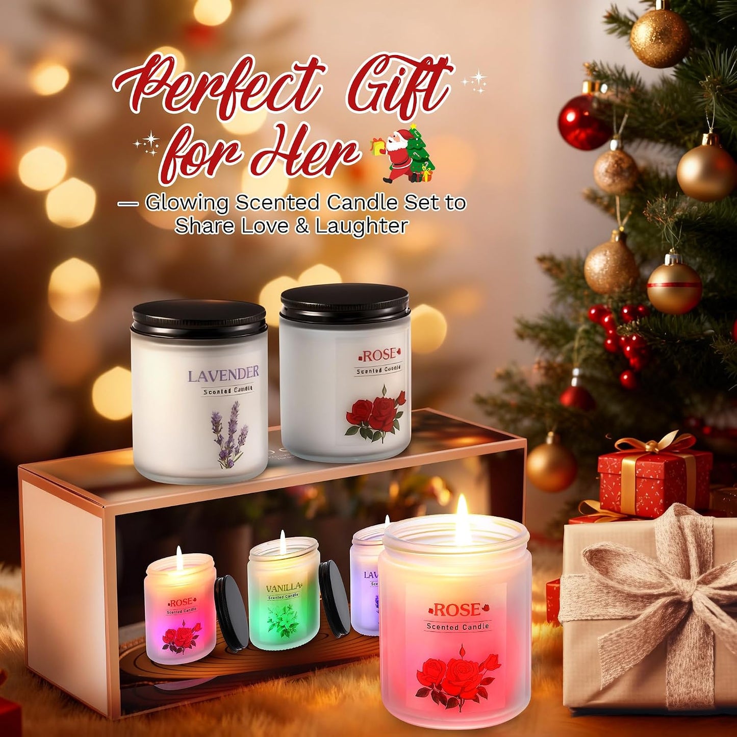 3 Pack Glowing Scented Candles with Sensor Light, 21 Oz Aromatherapy Gifts for Women, Rose Vanilla Lavender Long Lasting Fragrance, Natural Soy Candle for Home Scented