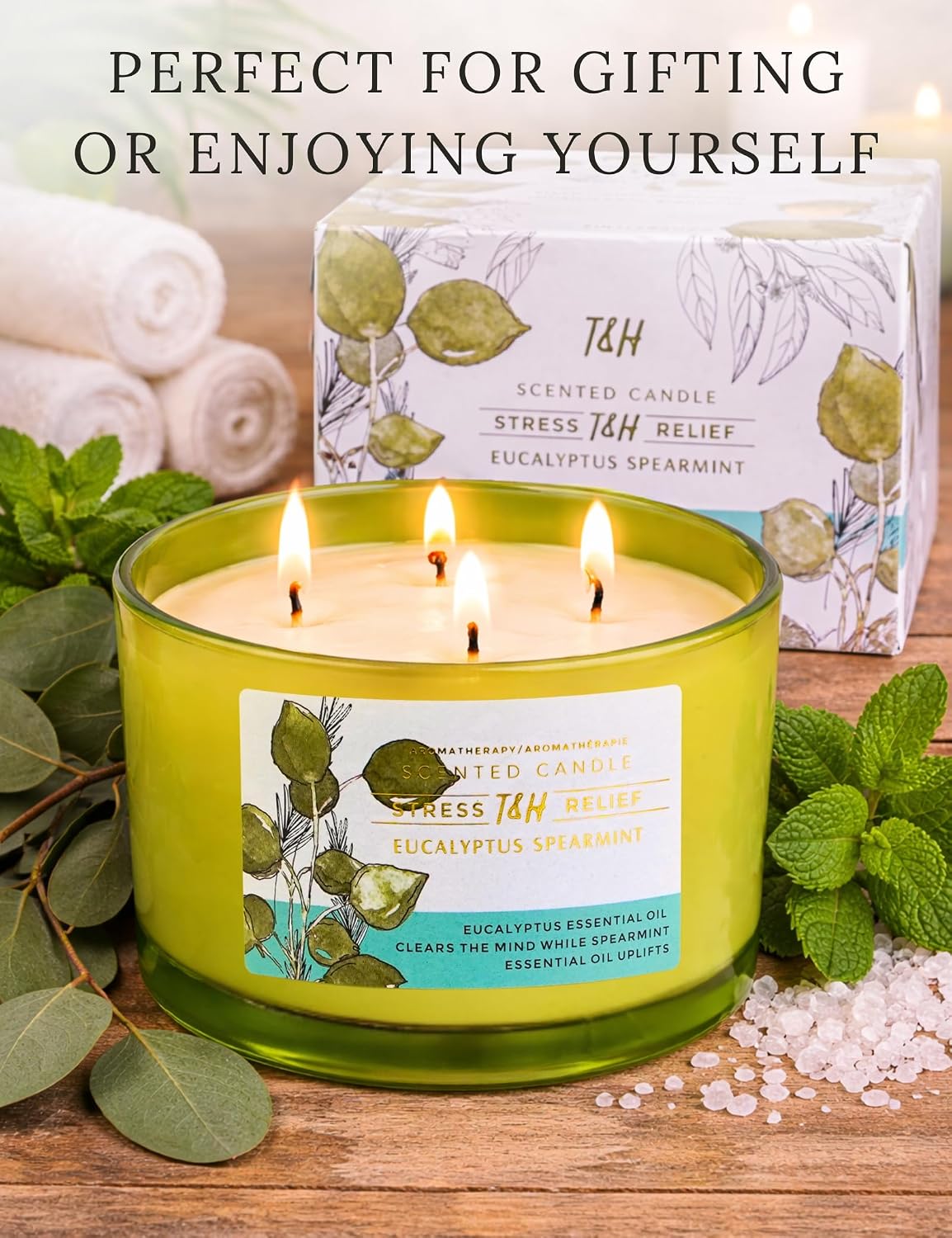 Eucalyptus Spearmint Candle | 4 Wick Extra Large Scented Soy Candle 20 oz | Highly Scented Aromatherapy Stress Relief Spa Candles | Fresh Eucalyptus Mint Home Scent | Long Lasting Clean Burn