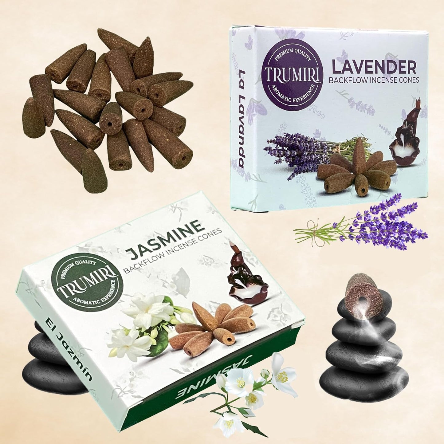 TRUMIRI Backflow Incense Cones - Combo Pack of 20 Incense Cones Waterfall - 10 Lavender + 10 Jasmine - Incense Backflow Cones - Waterfall Incense Cones - Incense Waterfall Cones