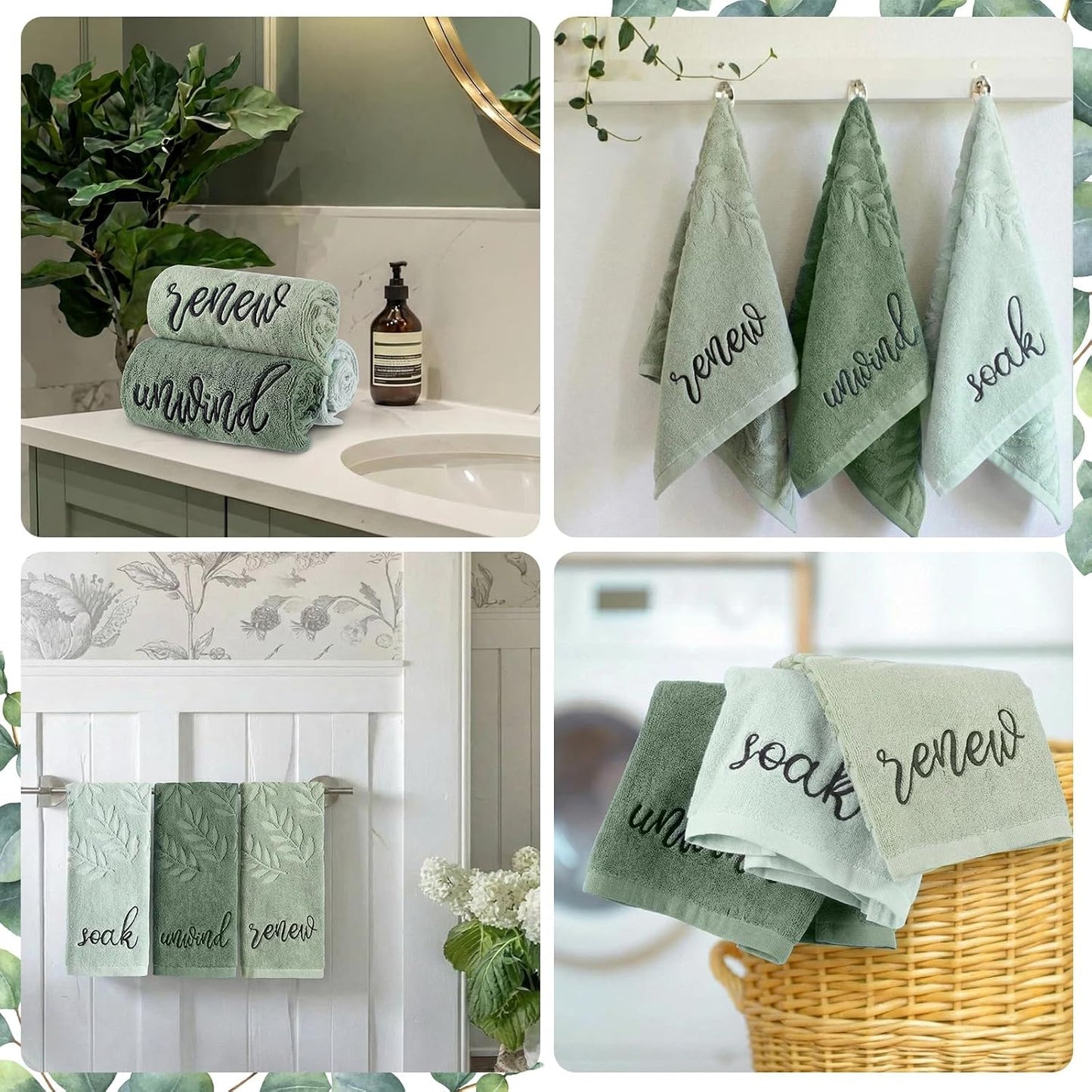 Moukeren 3 Pcs Sage Green Hand Towels for Bathroom 100% Cotton Jacquard Embroidered Leaves Soak Unwind Bath Towels Bathroom Spa Kitchen Dishcloth Gift Set Farmhouse Decorations