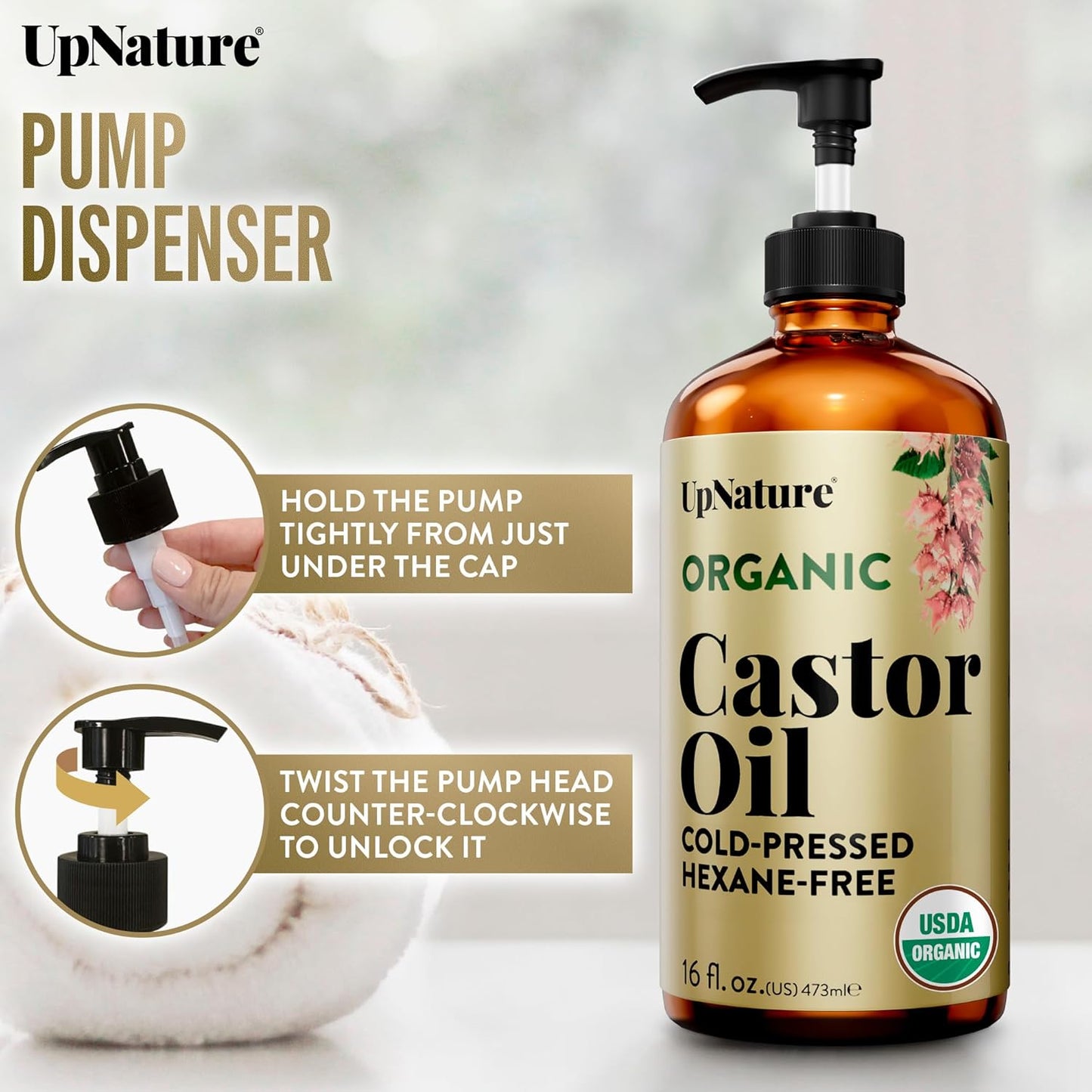 UpNature Organic Castor Oil Cold Pressed Glass Bottle 16oz - 100% Pure USDA Certified, Hexane Free - For Face, Hair & Skin