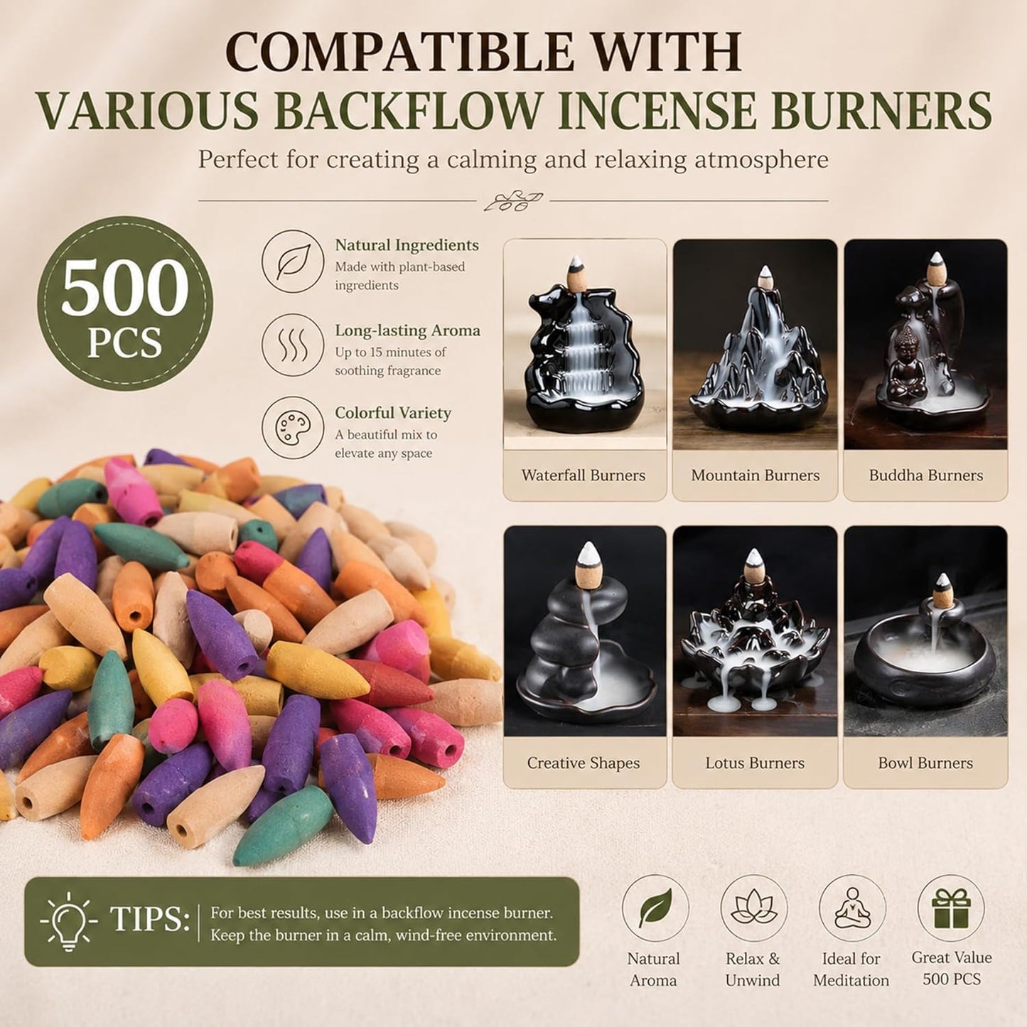 500Pcs Large Backflow Incense Cones for Waterfall - Natural Scents for Waterfall Incense Fits All Backflow Incense Burners, Meditation Yoga Aromatherapy, Scented Cones