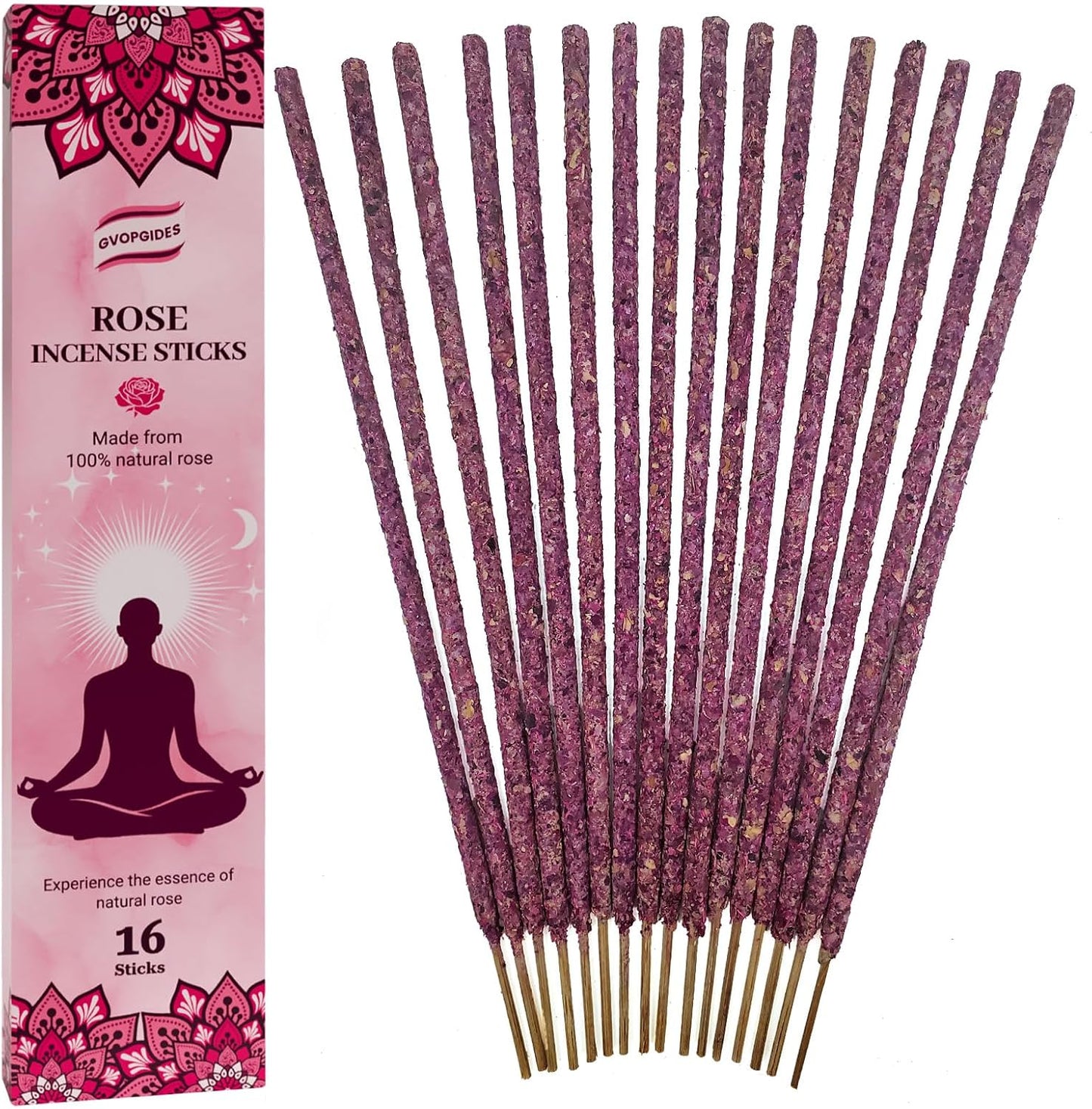 Rose Incense Sticks Natural - 16 Sticks Handcrafted Rose Sticks for Relaxation, Meditation, Yoga, Spiritual Purification & Home Ambiance | inciensos aromaticos para la casa