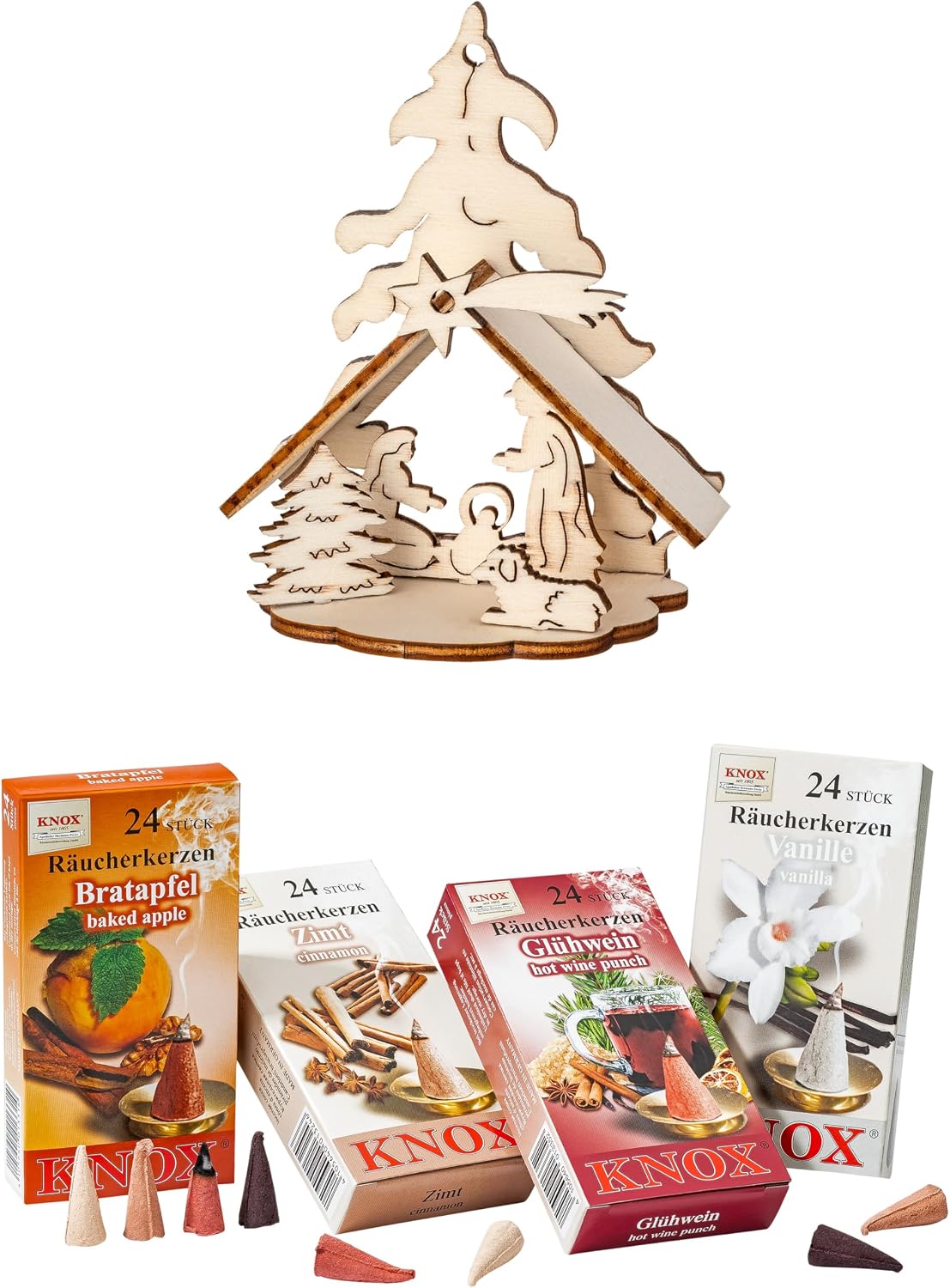 German Incense Cones Bundle Christmas Markets- 4 mostloved Smells from Knox Räucherkerzen/Apotheker Hermann Zwetz. MaMeMi Gift-Set with DIY Mini Nativity Scene