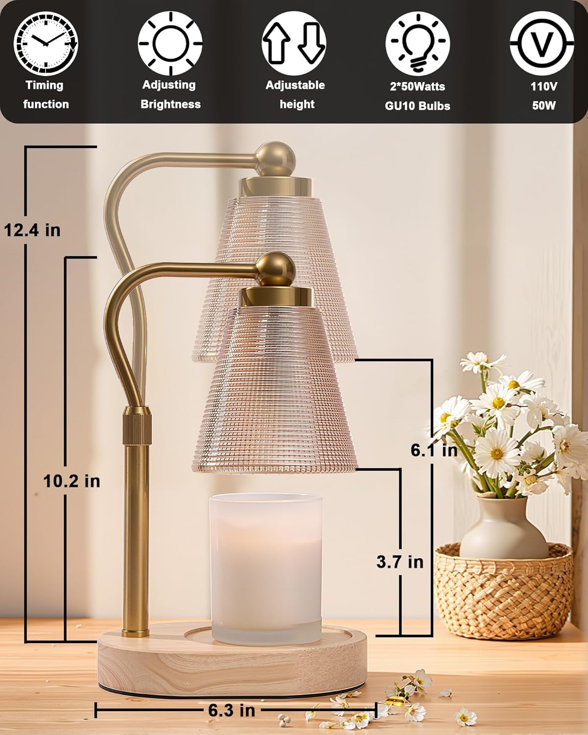 Candle Warmer Lamp with Timer - Adjustable Height & Brightness - Wood Base Glass Shade - 2 Bulbs Included(Oval Gold)