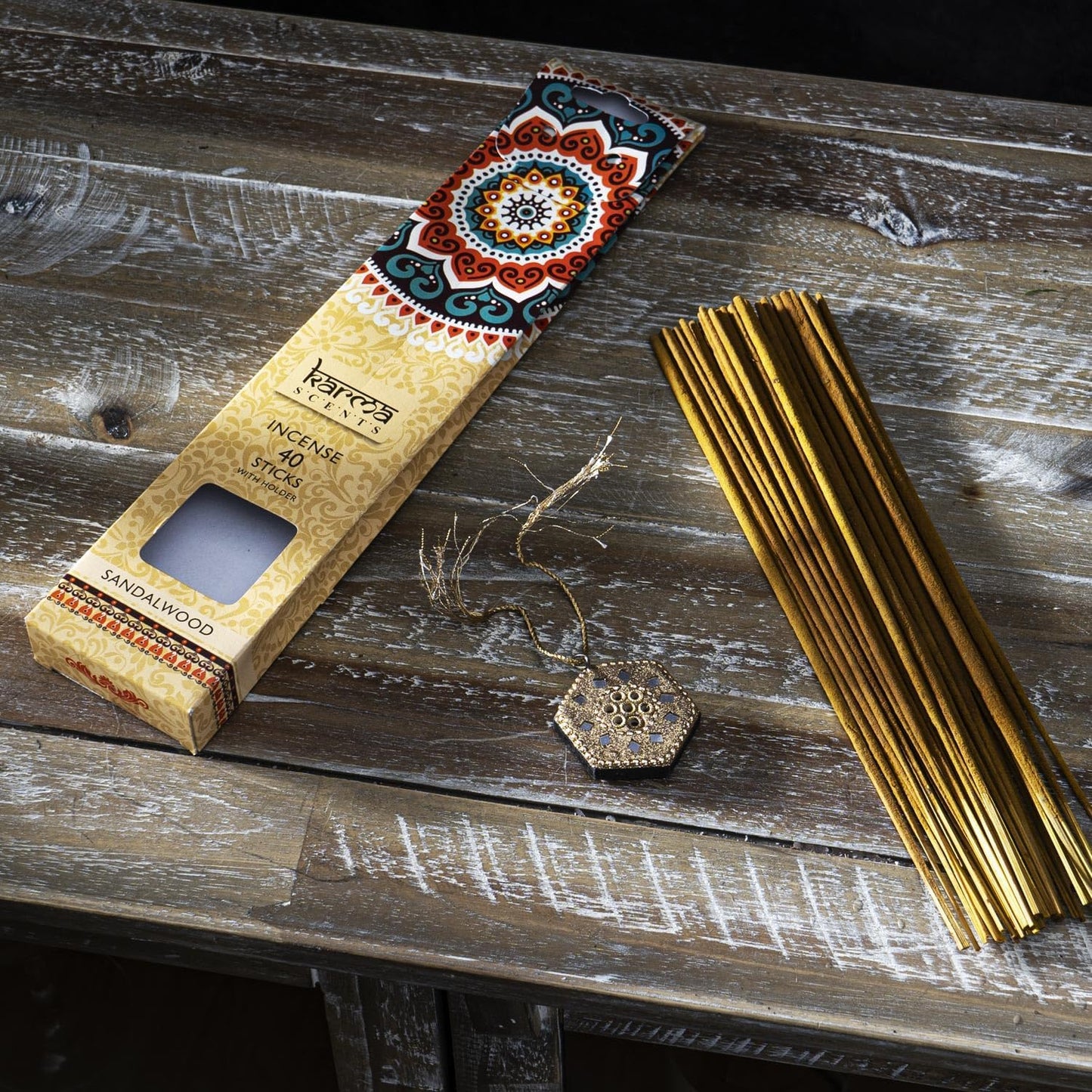 Pacific Giftware Karma Sandalwood Incense Sticks with Decorative Gold Hexagonal Holder, 40 Count, Aromatic Sandalwood Incense for Meditation, Yoga, Relaxation, Spiritual Rituals and Home Fragrance