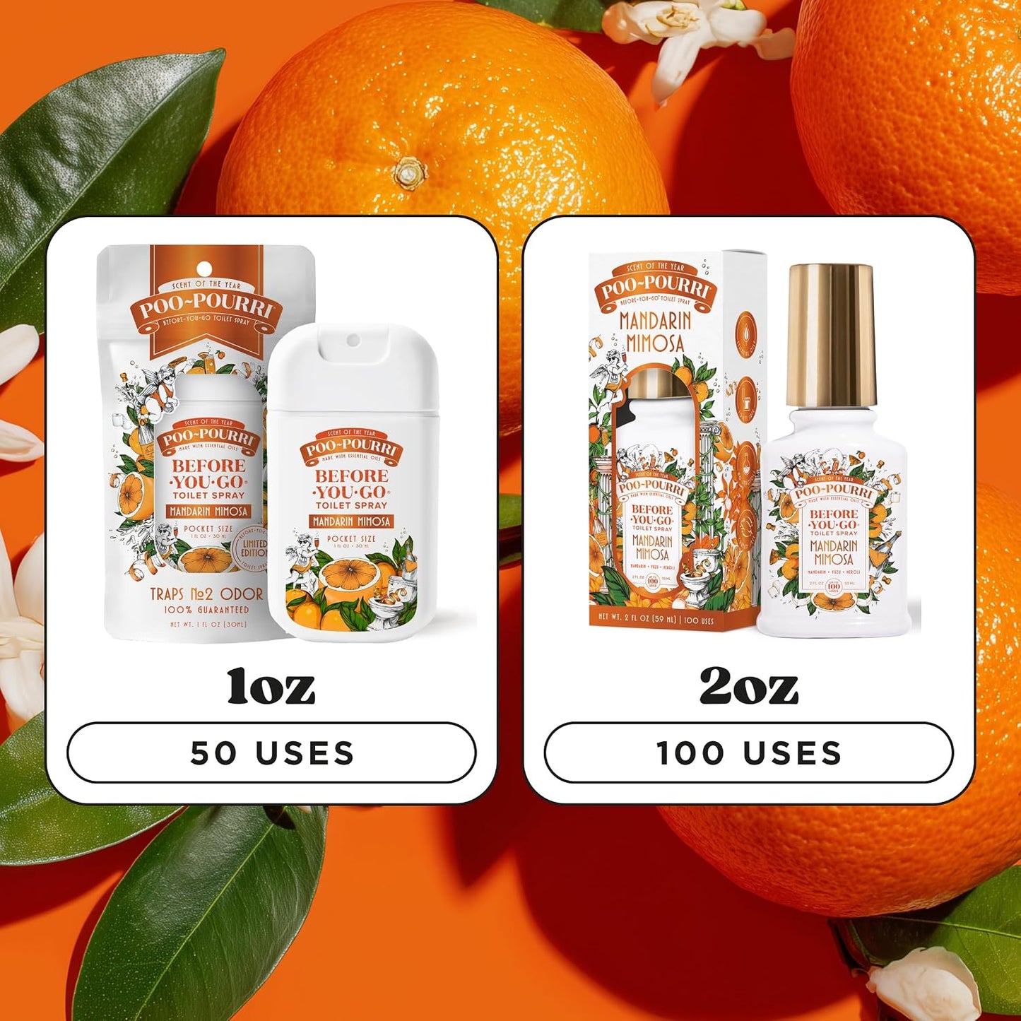 Poo-Pourri Before-You-Go Toilet Spray, Mandarin Mimosa, 2 Fl Oz, Up to 100 Uses, Bathroom Odor Deodorizer with Essential Oils for Home or Work, Travel Essentials, TSA Approved Size