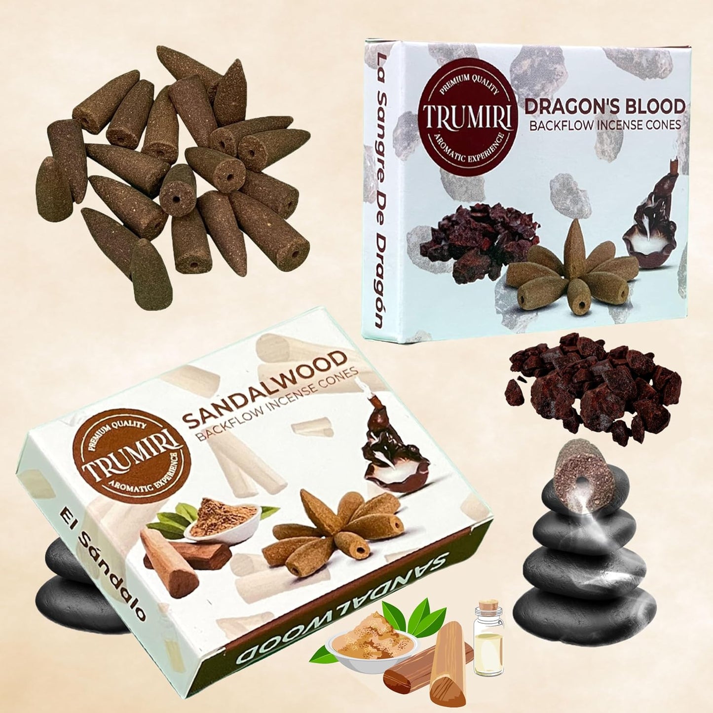TRUMIRI Backflow Incense Cones - Combo Pack of 20 Waterfall Cones (10 Dragons Blood + 10 Sandalwood)