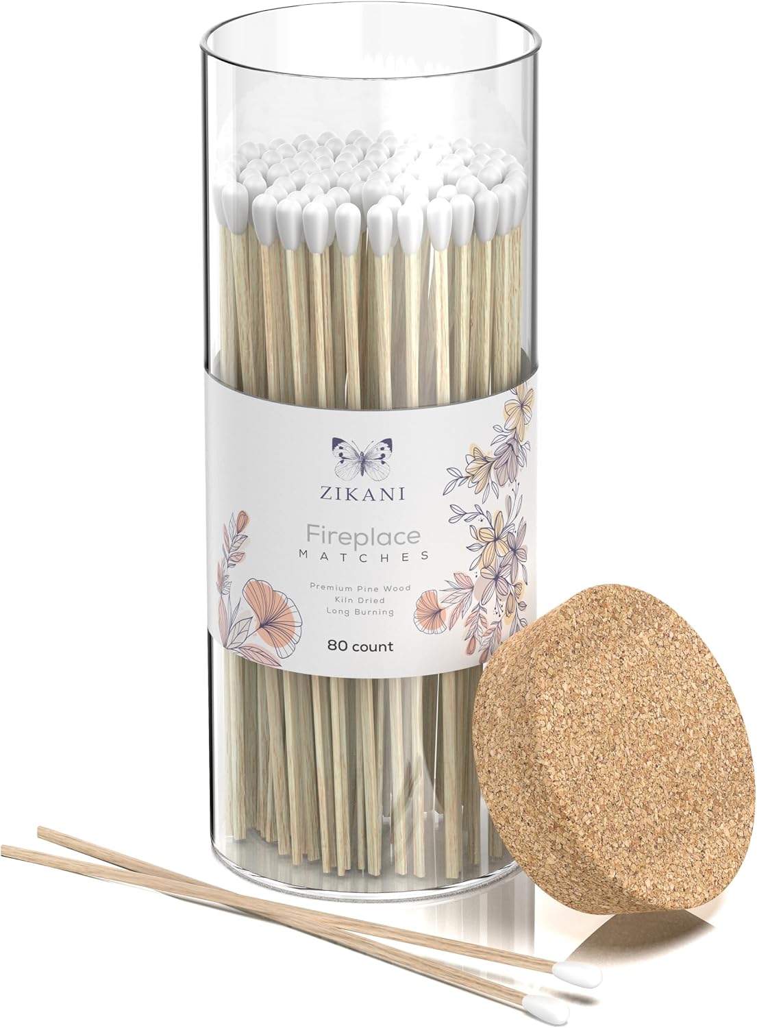 White Tip Fireplace 8-inch Long Shabbat Matches Pack of 80 Decorative Safety Matches with Cork Top Glass Holder Including Striker Ideal for Lighting