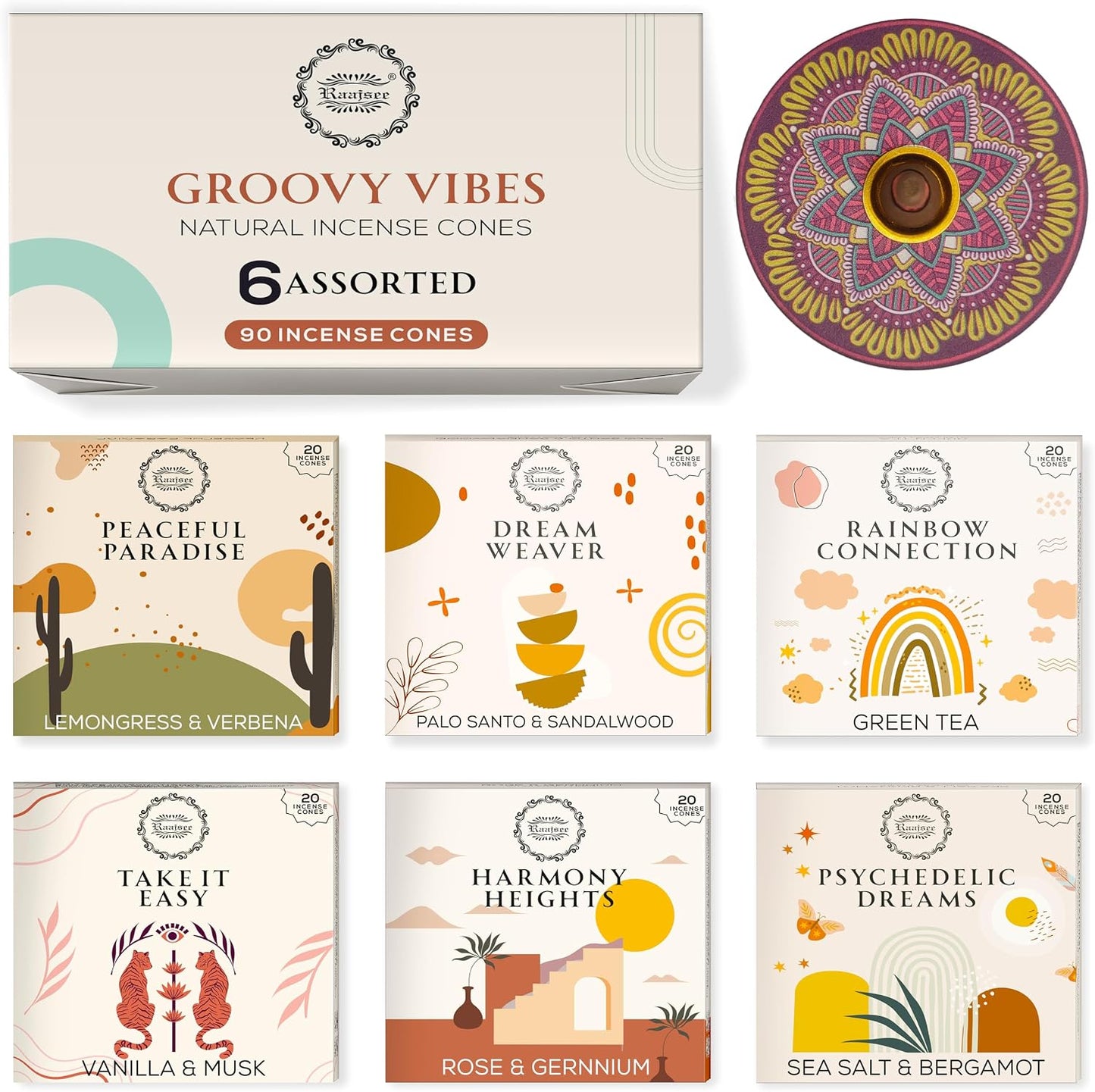 Raajsee Incense Cones, 6 Pack Cone Incense Gift Pack 15 pc Each (90 Total), Insence Cones Variety Pack, 100% Organic Non Toxic Natural