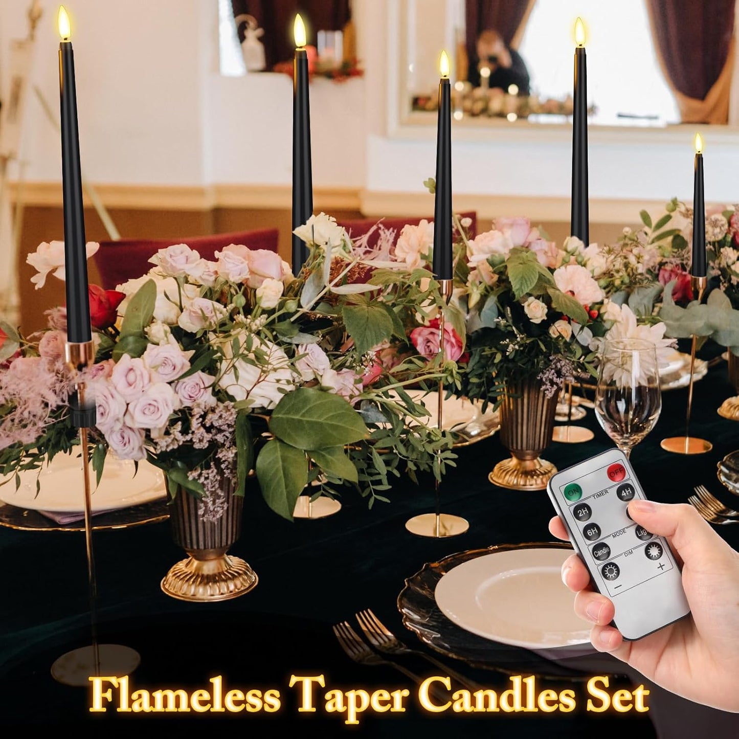 Rossesay 16 Pcs Black Flameless Taper Candles Battery Operated Candles with Remote Timer 8.5" 9.6" 10.8" 12.8" Multiple Sizes Black LED Flickering Candlestick for Wedding Centerpieces Party Decor