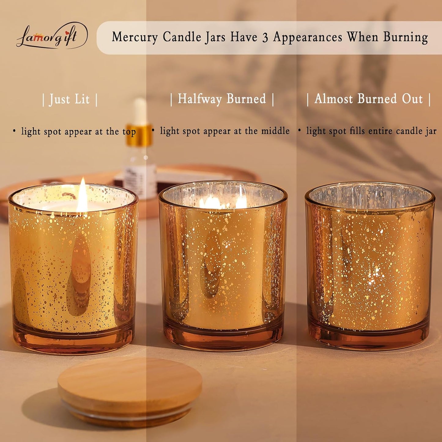 LAMORGIFT 12 Pack Gold Mercury Glass Candle Jars (10oz) with Lids - Candle Makes Accessory Set Including 15 Labels