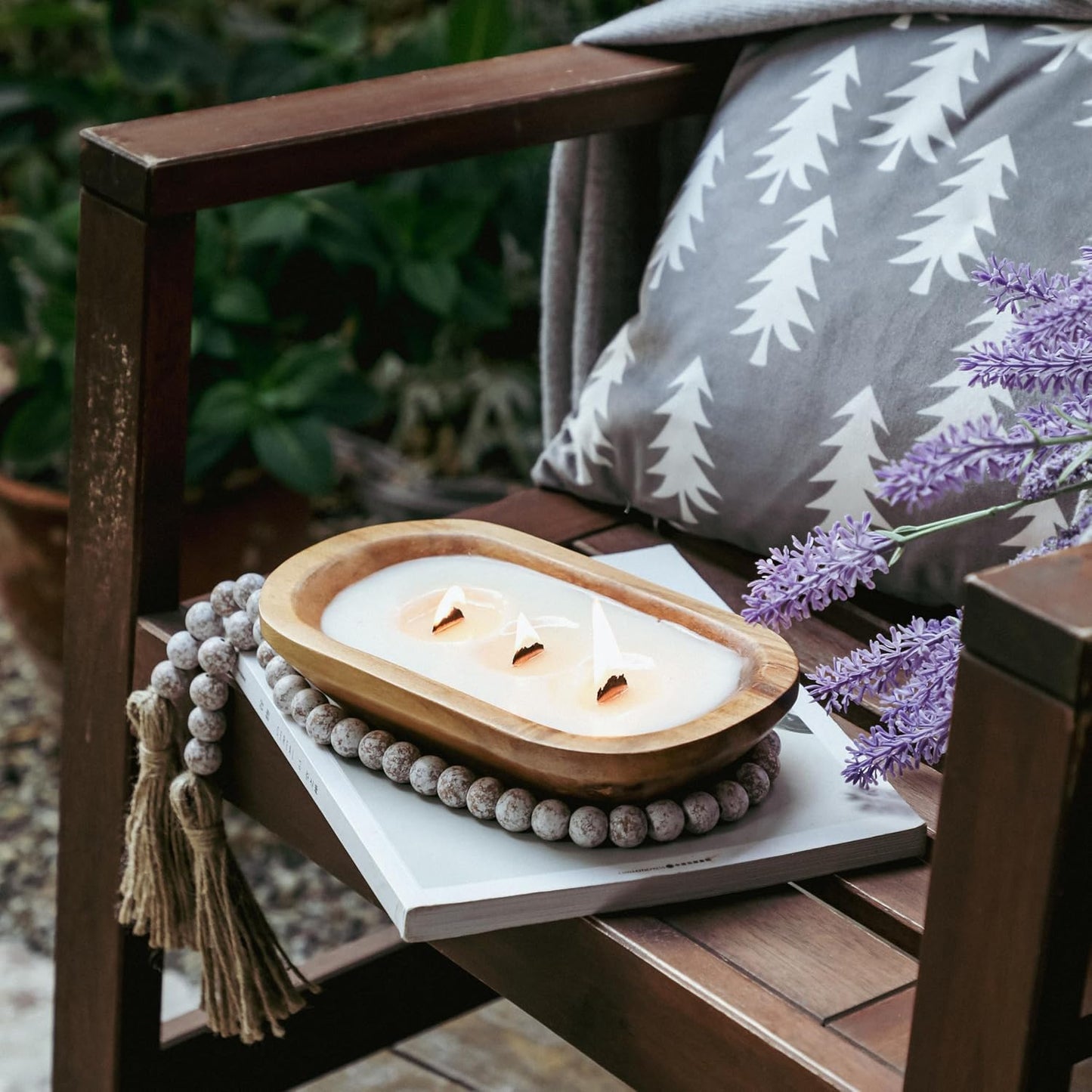 Wooden Bowl Candle 10 Inch, Soy Large Farmhouse Candle for Table, Vanilla Spice Scented, 3 Wood Wicks, Christmas Candle Gifts for Men & Women