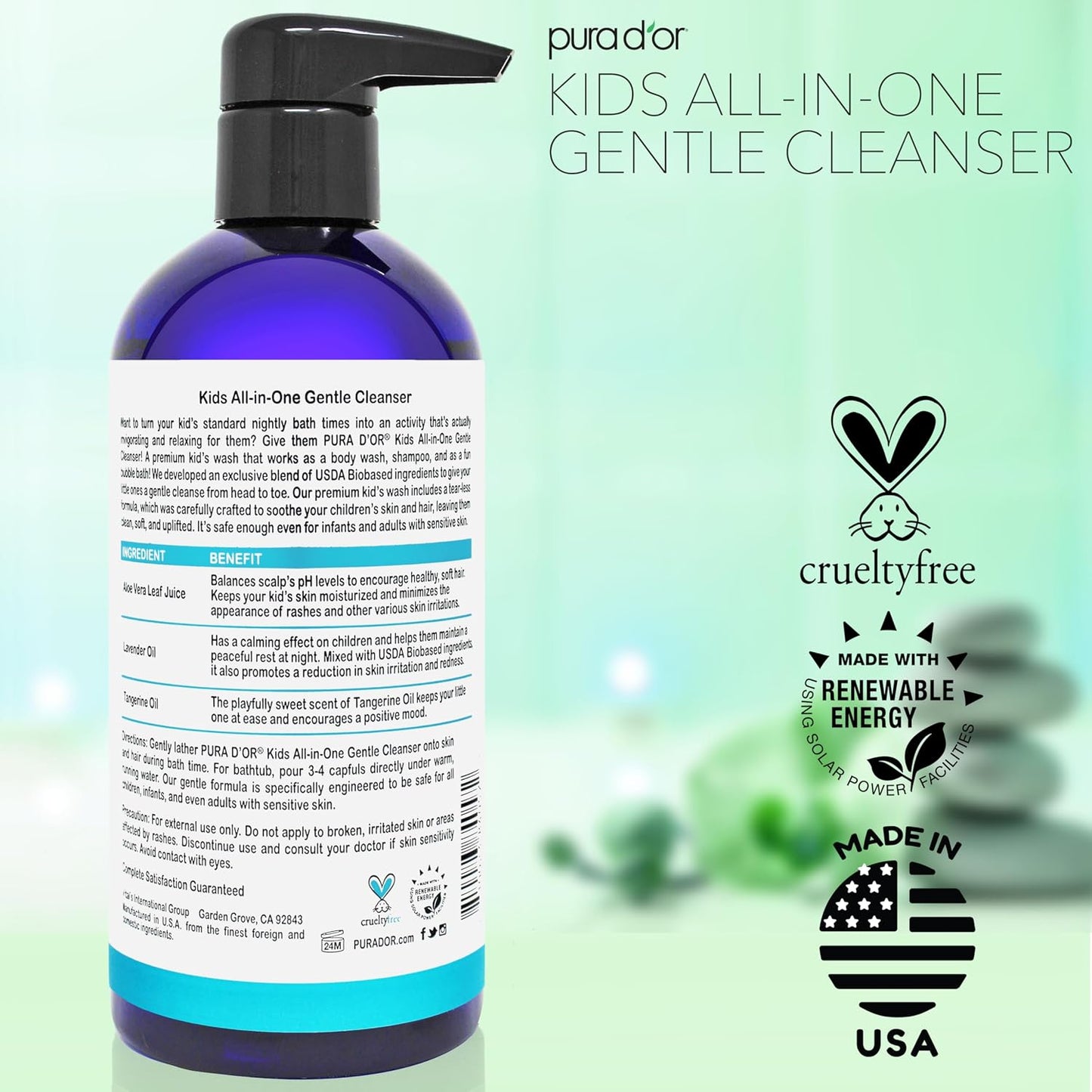 PURA D'OR 16 Oz Kids Wash - All-in-One Gentle Cleanser - USDA Biobased, Sulfate-Free, Tear-Less, Hypoallergenic, Premium, Shampoo & Bubble Bath