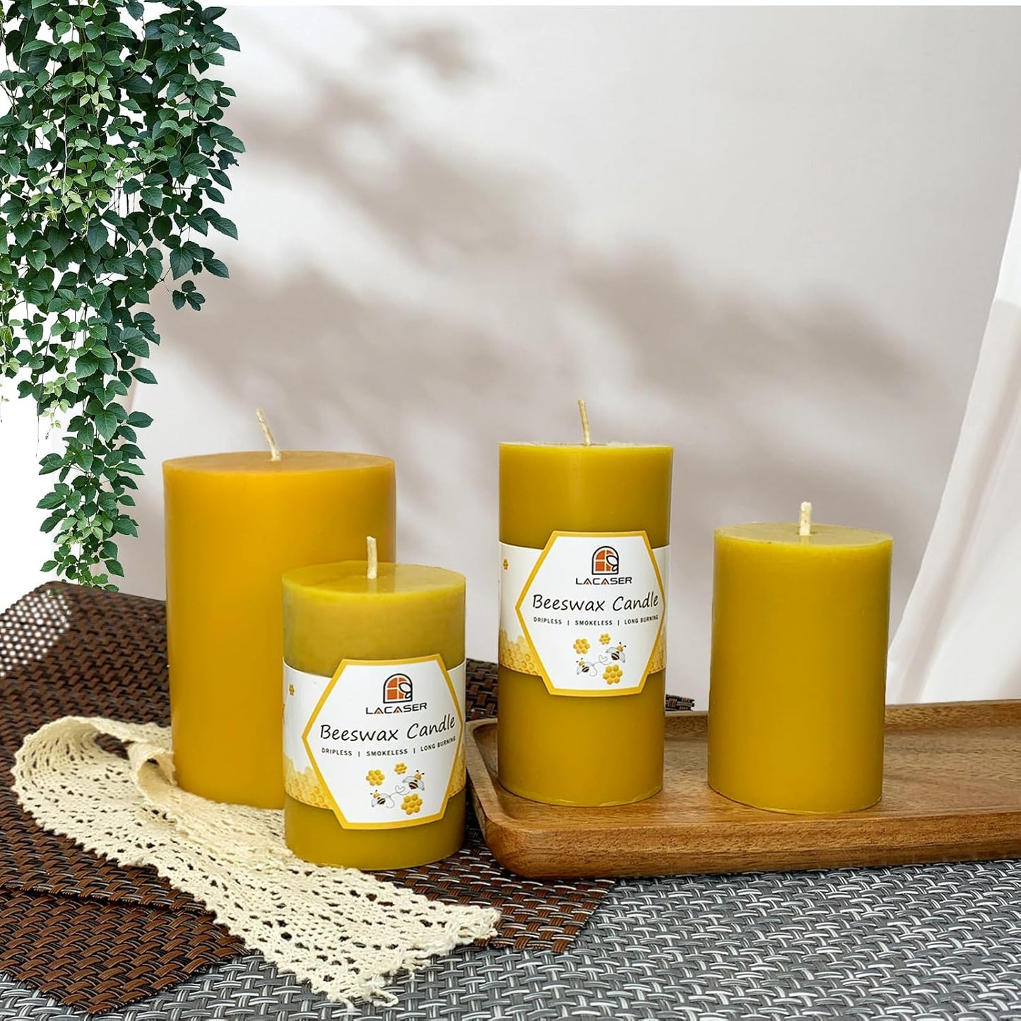 Lacaser Beeswax Pillar Candles,100% Pure Beeswax Candles,Long Burning Time 40 Hours Each,80 Hours Total for Set, Bees Wax Candle for Home, Size 2โx 4โ (2 Packs), Dripless& Smokeless