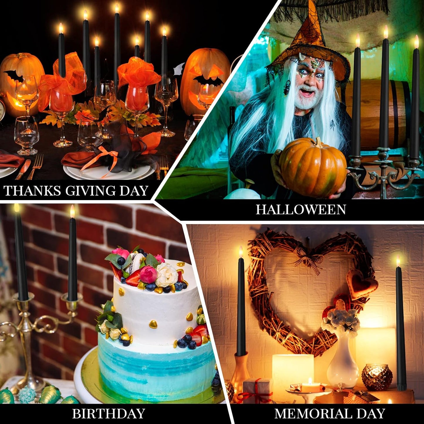 Handepo 48 Pack Flameless Taper Candles Realistic with Yellow Flickering Candlelights Plastic 11 Inch Last Long Battery Operated Window Candlestick for Halloween Christmas(Black)