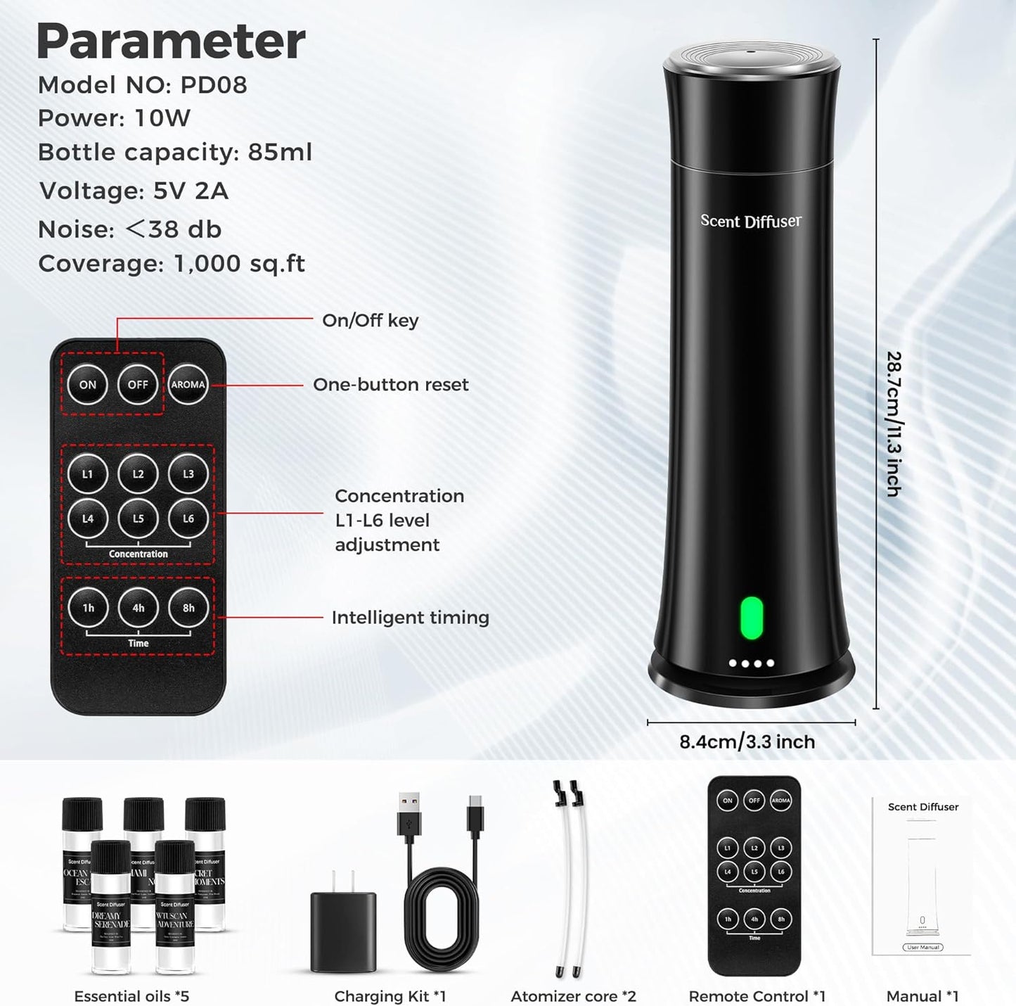 Waterless Scent Diffuser Kit — Covers 1,500 sq. ft. Suitable for Large Rooms, Home, Offices, and Hotels. Includes Five Essential Oils and Remote Control. Black