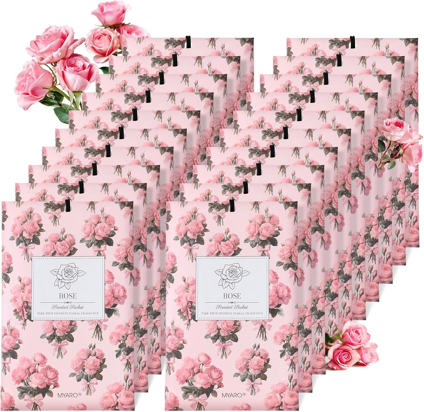 MYARO 20 Pack Rose Scented Sachets for Drawer, Closet & Car - Fresh Air Freshener Bags Home Fragrance, Odor Eliminator for New House Small Storage Space & Travel Luggage