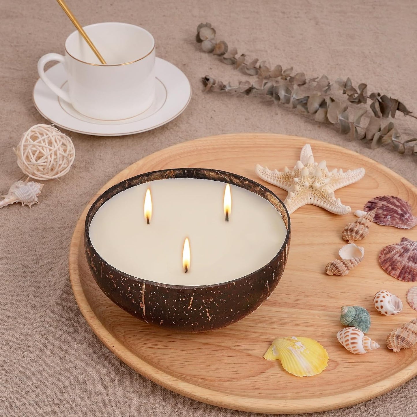 Viyffo 3 Wick 18oz Large Non Toxic Soy Candle - Cedarwood & Amber Scented Candle for Women & Men, Natural Coconut Shell Jar Perfect for Home Decor & Unique Nature Gift