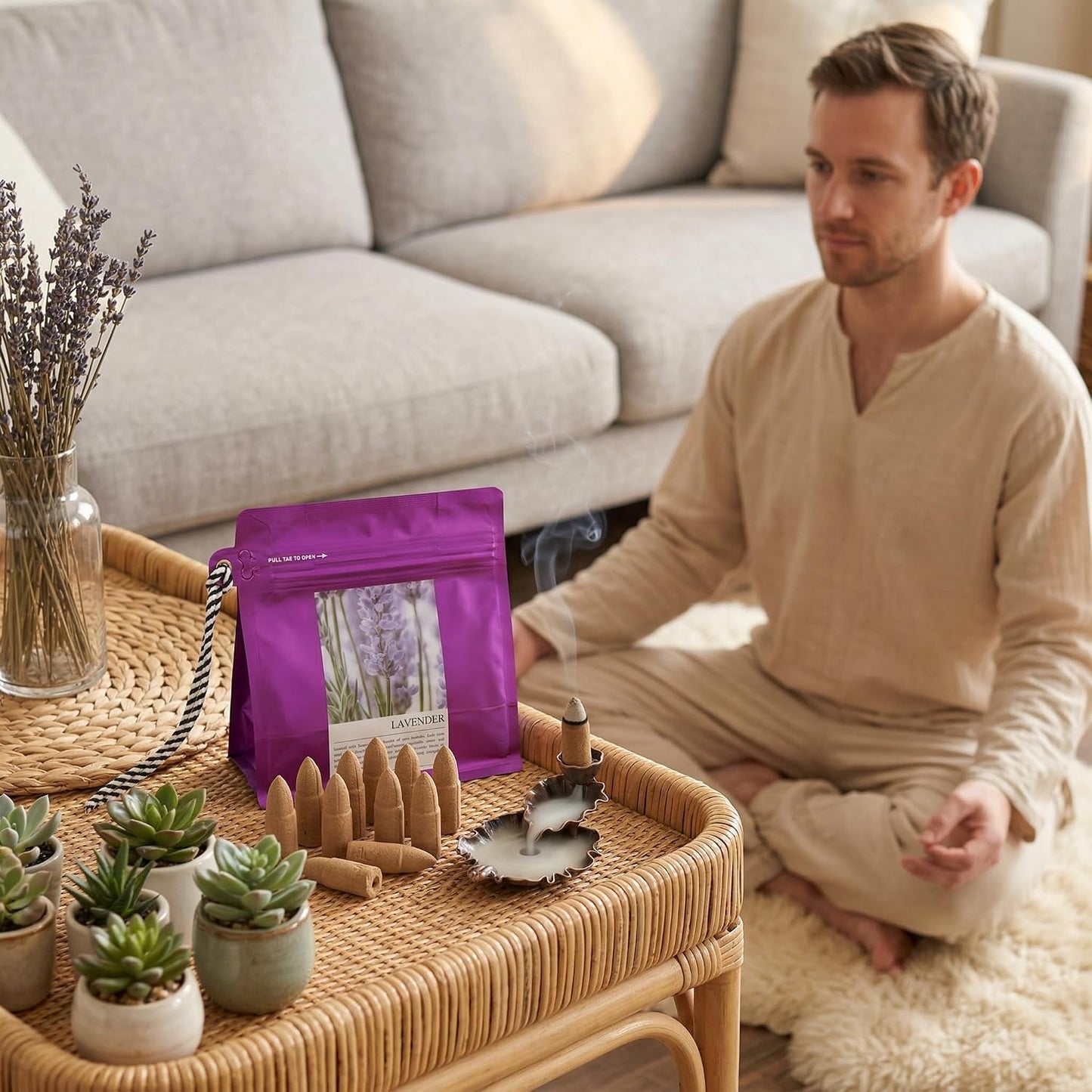Lavender Backflow Incense Cones - 50 Large Waterfall Back Flow Cones Scented - Includes 1 backflow Incense Burner