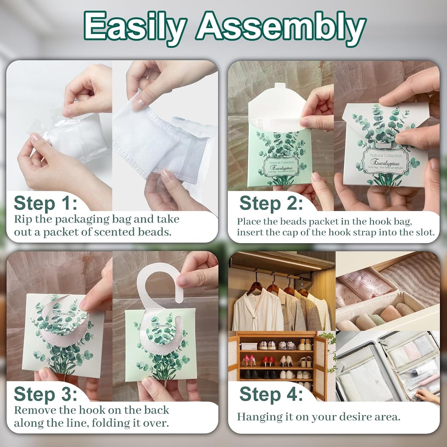 24 Pack Eucalyptus Sachet Bags for Drawers and Closets, Scented Sachets with 10 Hanging Bags Home Fragrance Refreshing Drawer Freshener, Shoes, Cars, Rest Room Deodorizer