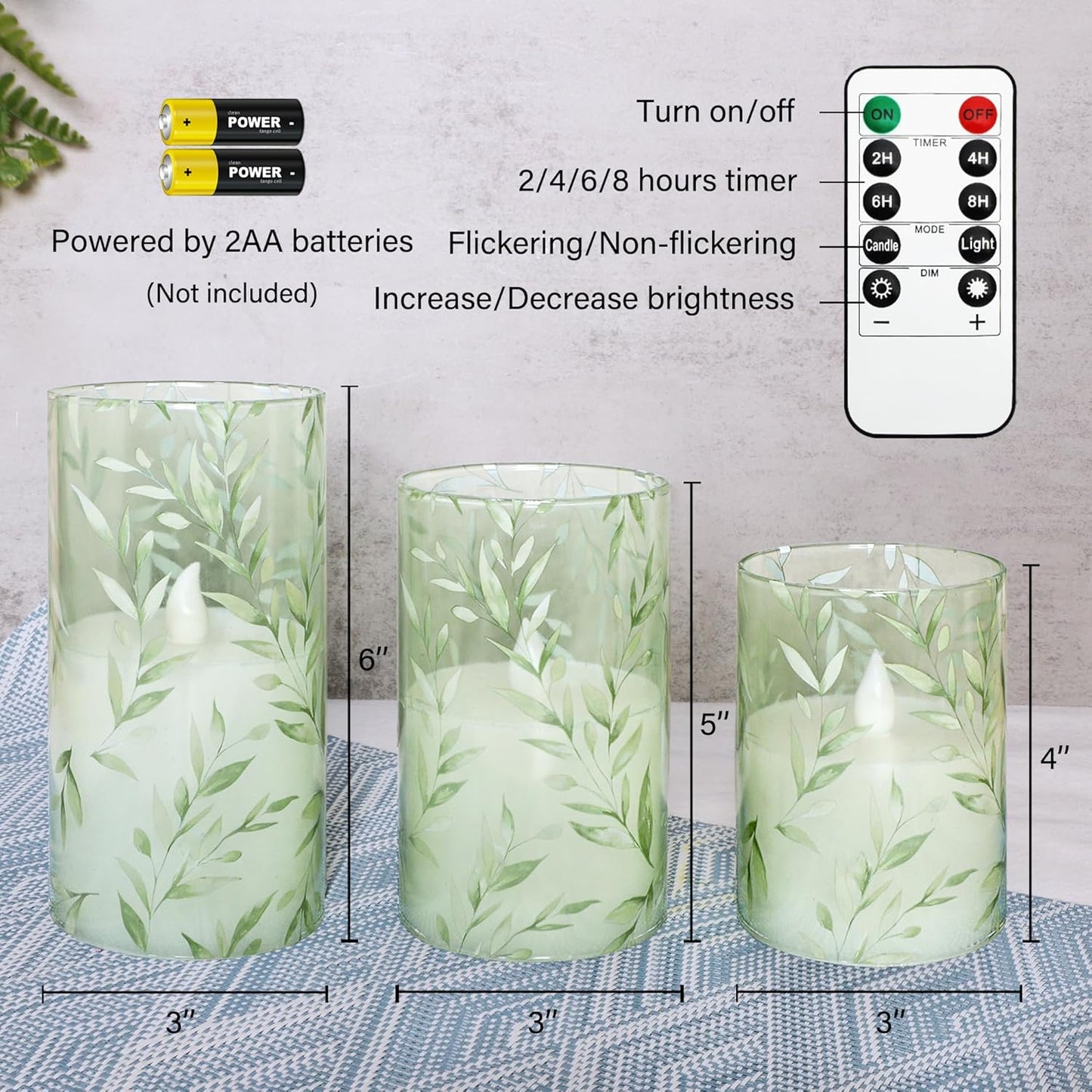 Green Flameless Candles with Remote Willow Leaf Design Battery Operated Candles - Elegant Home Christmas Summer Decor Set of 3