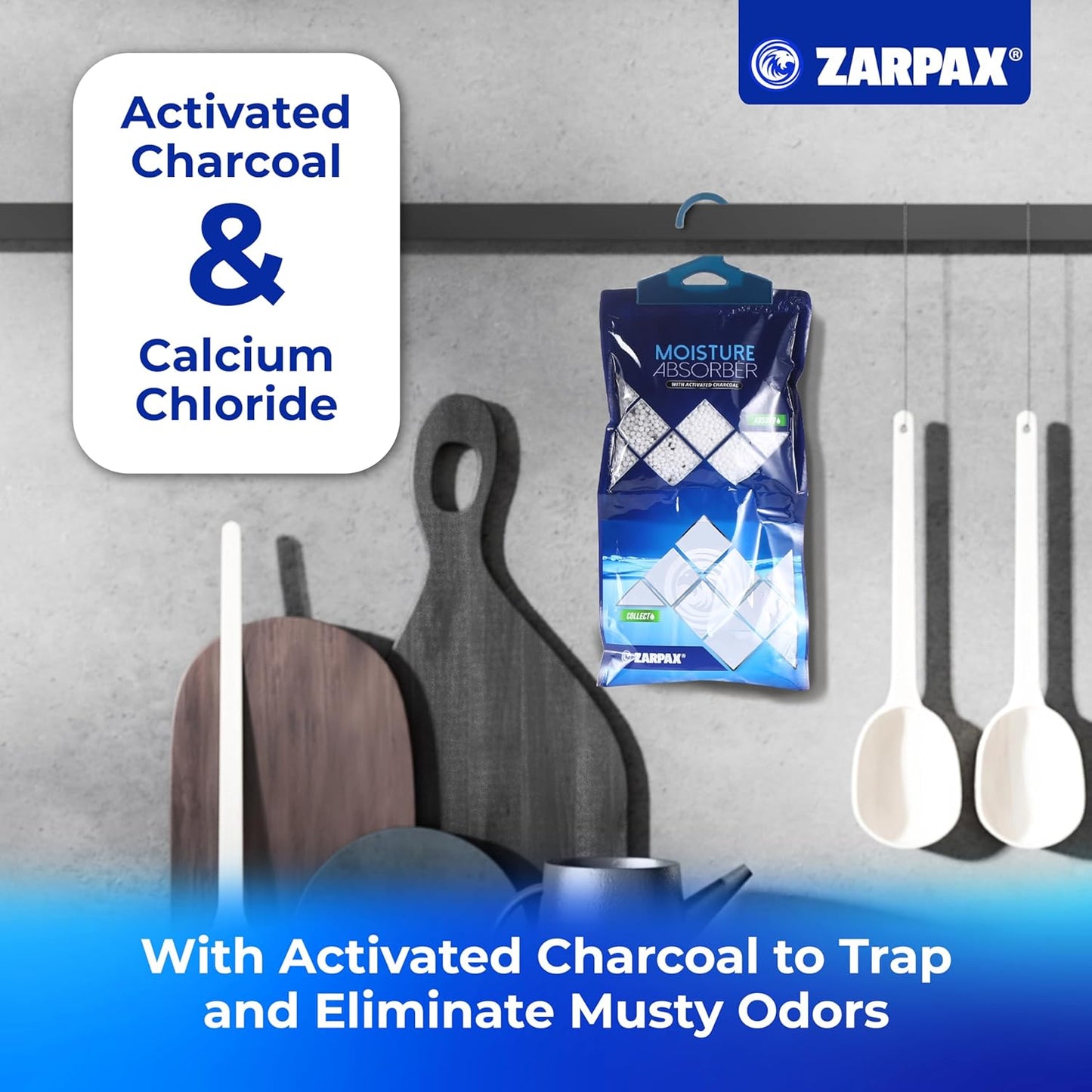 ZARPAX Hanging Moisture Absorber Activated Charcoal 10.6 oz/300g | Moisture Absorbing Bags for Bathroom, Closet & Kitchen | Removes Moisture, Humidity & Odors | Portable Dehumidifier | Set Of 10