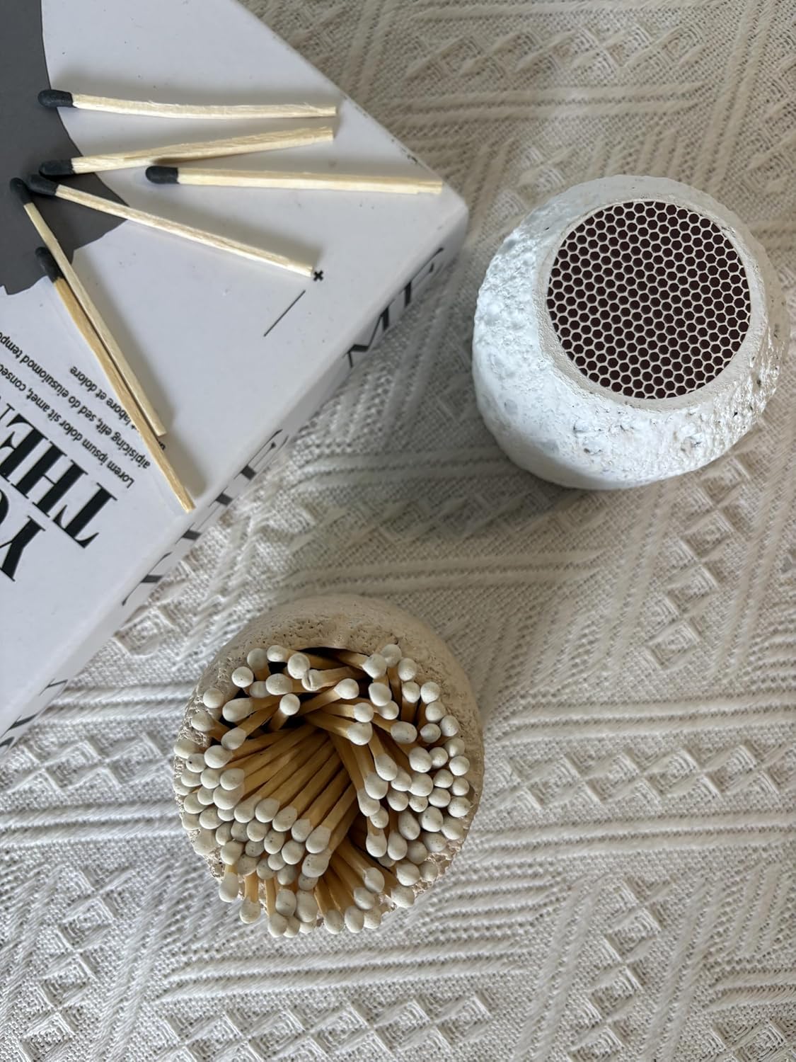 Concrete Match Holder with Strike, Matches in a jar for Bathroom Candle and Candle Match Jar for Fireplace BBQ Grill Matches, Decorative Modern Home Decor Gifts for Girls - No Matchsticks
