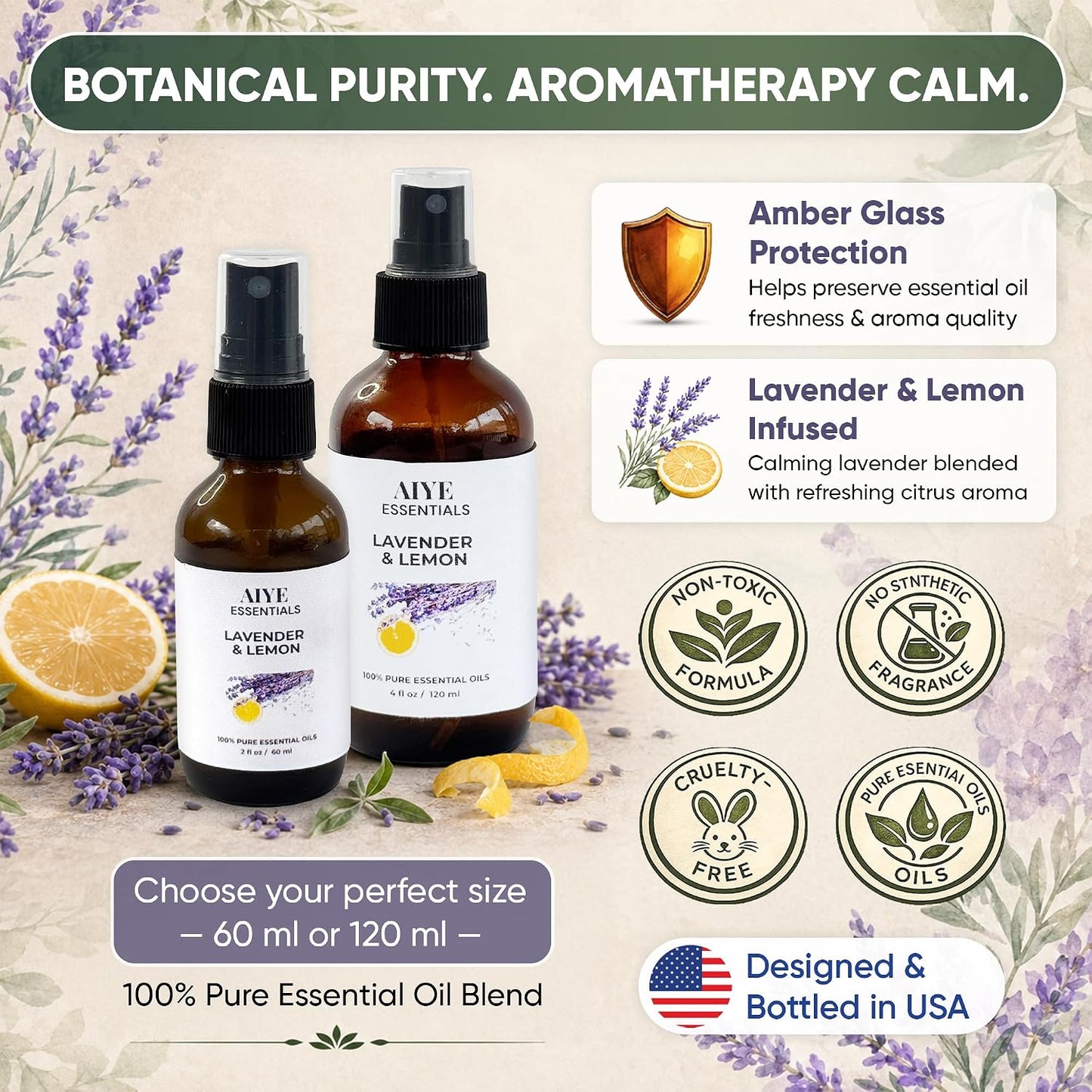 Aiye Essentials Lavender Lemon Room & Linen Spray, Non‑Toxic Essential Oil Aromatherapy Mist for Home & Bedding, 2 fl oz