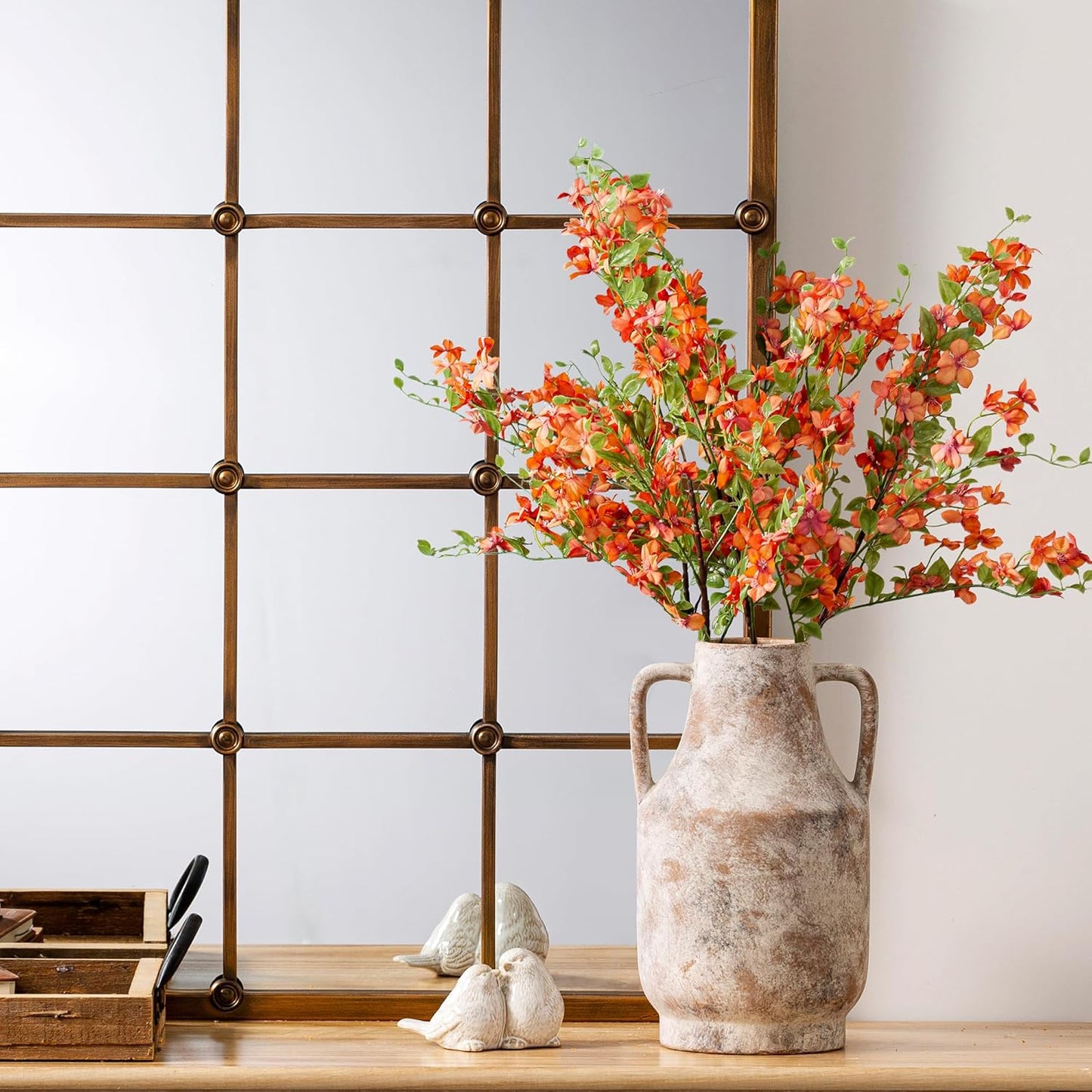 Ceramic Flower Vase with Handles, 11 inch Tall Vase for Centerpieces, Large Decorative Terracotta Vases, Farmhouse Rustic Vases for Home Decor, Living Room, Table, Neutral