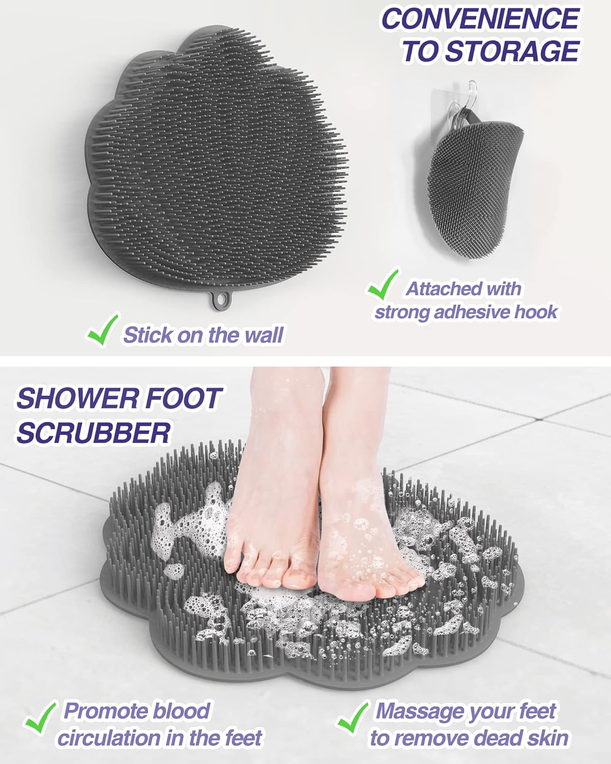 Manmihealth Upgrade Shower Foot Massager Scrubber & Bath Glove Set(2 PCS), Hands-Free Back Scrubber for Shower, Wall-Mounted Shower Brush with Body & Face Scrubber and Free Adhesive Hook. (Gray)