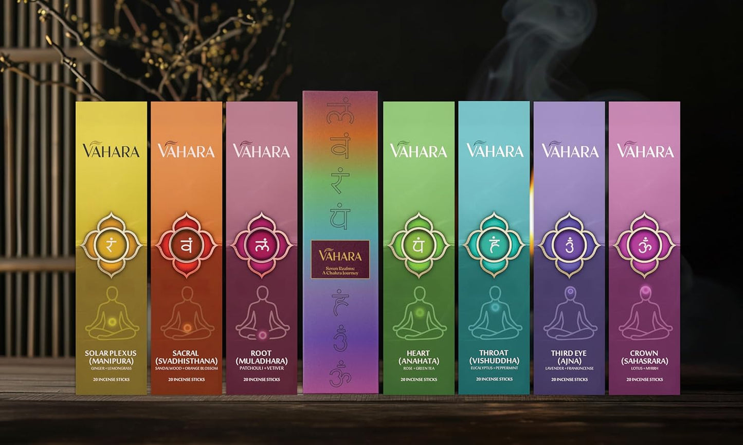 Incense Sticks Variety Pack Natural Masala Incense Sticks, 7 Chakra Sandalwood Incense for Meditation, Yoga & Relaxation Hand Rolled Aromatherapy Vahara Gift Set
