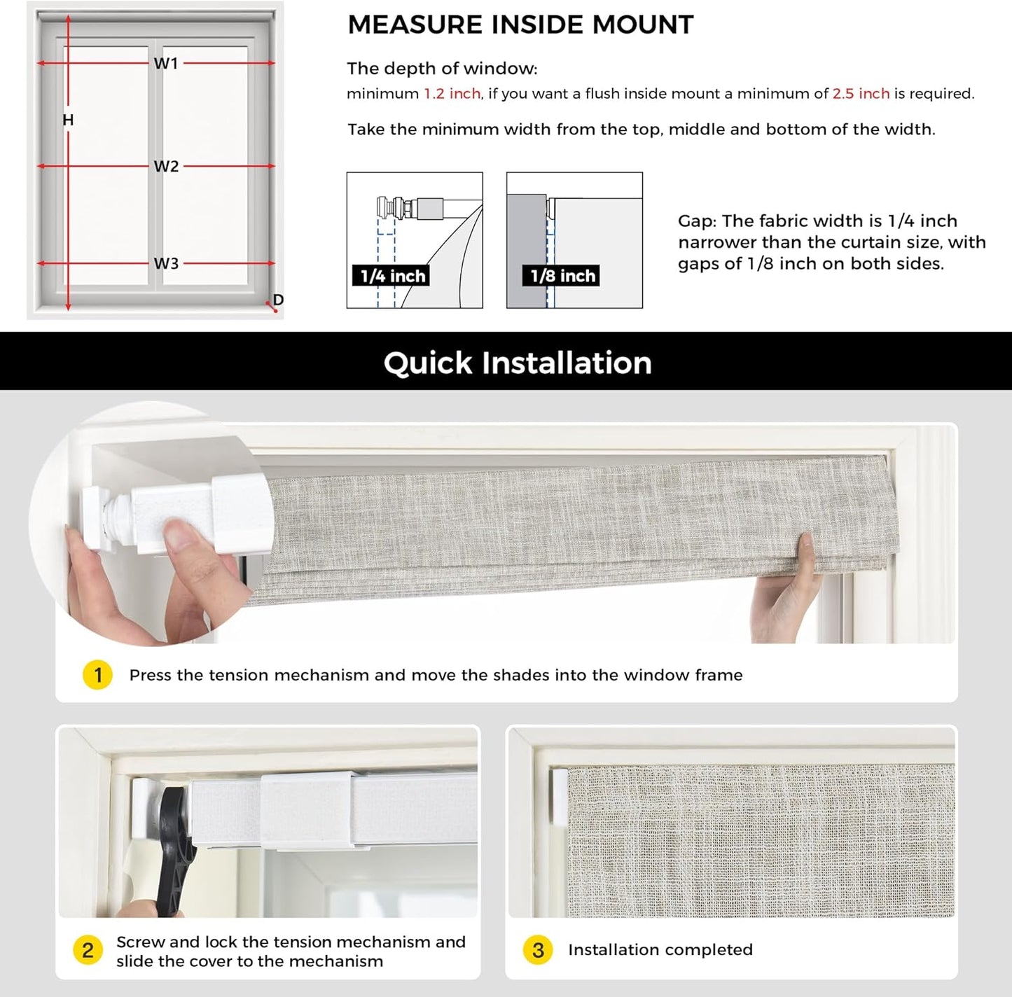 UNISHADES no Drill Cordless Roman Shades for Windows, 33" W × 64" H - 100% Blackout - Linen - Mist White