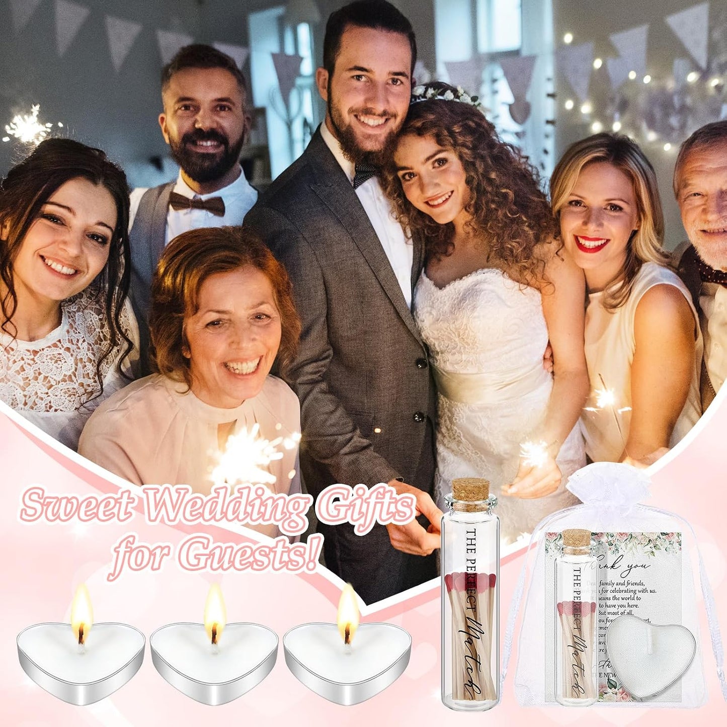 50 Sets Wedding Party Favors for Guests Bulk Including Heart Shaped Candles and Empty Matches Jars with Cork Top Thank You Cards and Organza Bags for Wedding Bridal Shower Party (Flower)