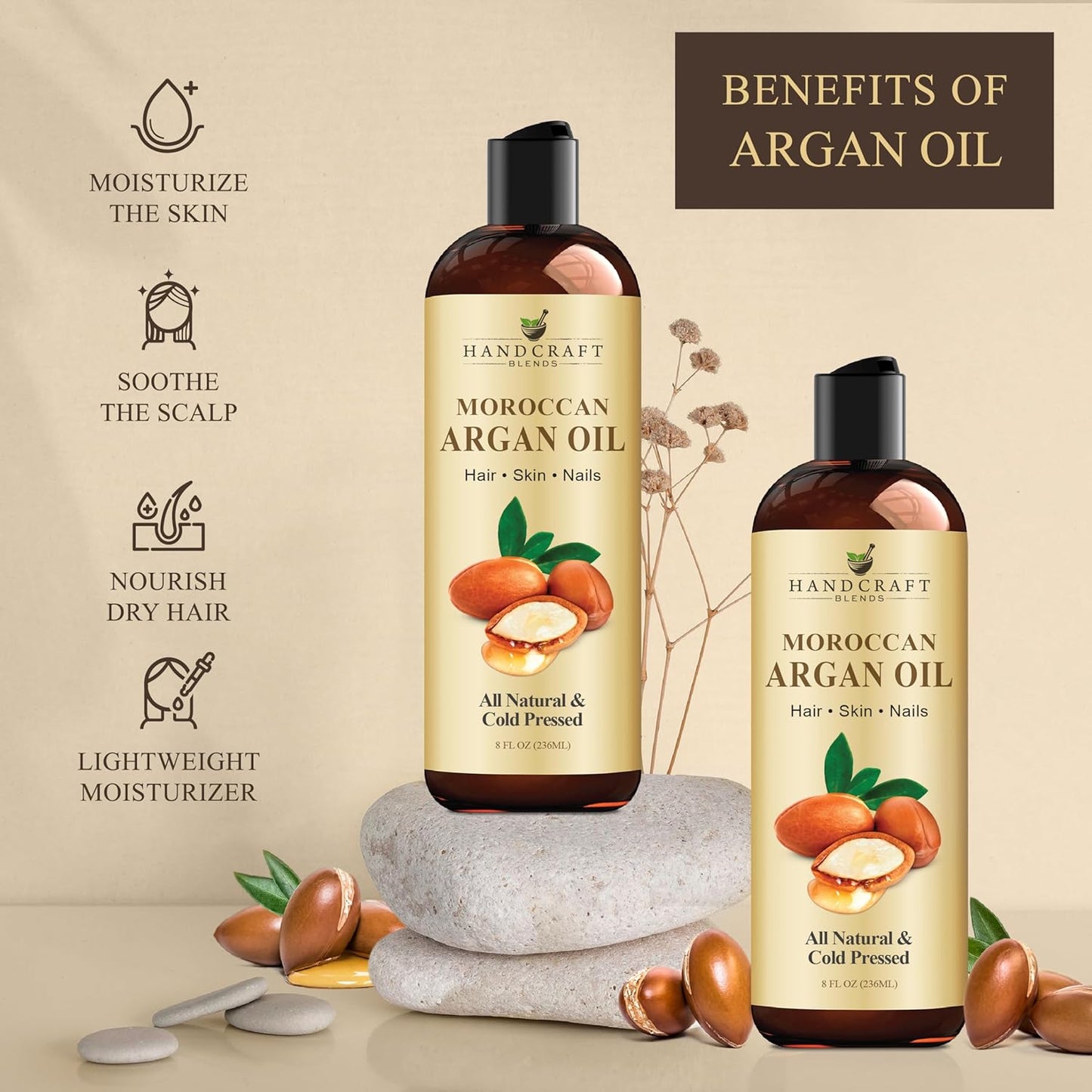 Handcraft Blends Moroccan Argan Oil - 8 Fl Oz - 100% Pure and Natural - Premium Grade Carrier Oil for Skin and Hair - Hair and Body - Massage - Cold-Pressed