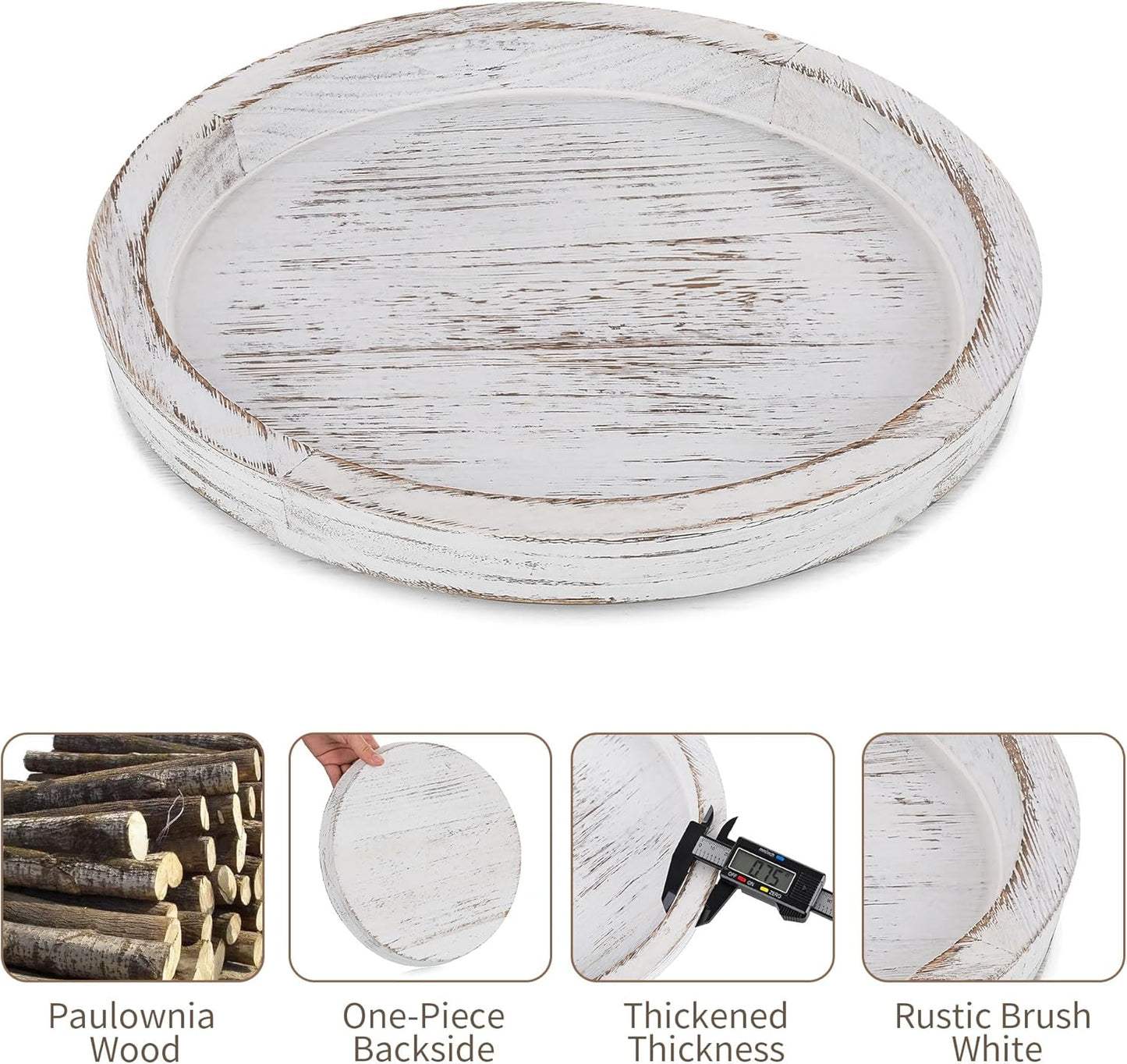 Hanobe Candle Plate Holder Tray: Round Wood Decorative Candle Plate - Rustic Farmhouse CoffeeTable Decor - Tealight Pillar Trays for Home Decor (White Rustic)
