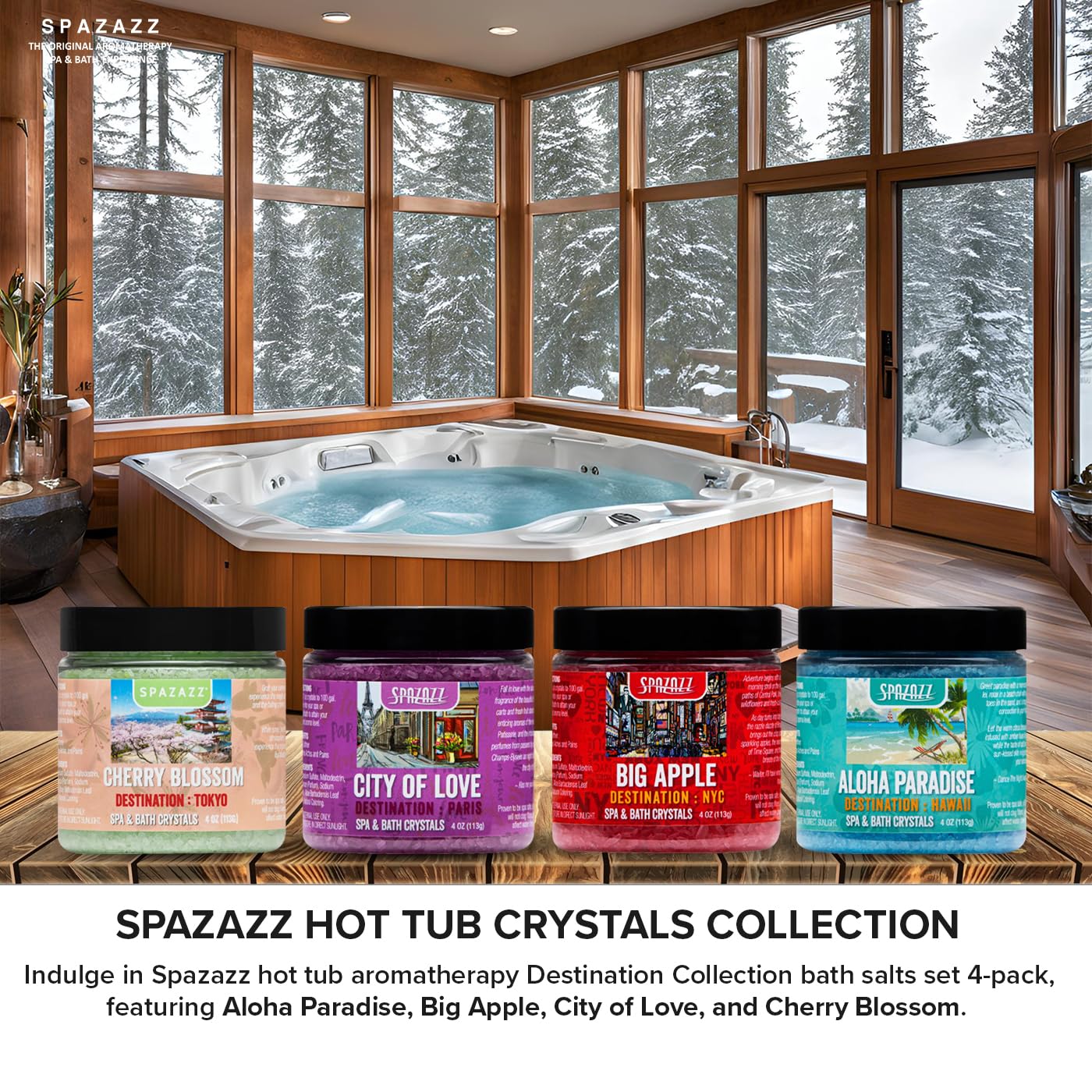 Hot Tub & Spa Aromatherapy Bath Salt Crystal Scents Spazazz Destinations Collection Bundle Aloha Paradise, Big Apple, City of Love, Cherry Blossom - Will Not Damage Spas & Hot Tubs (4 oz)