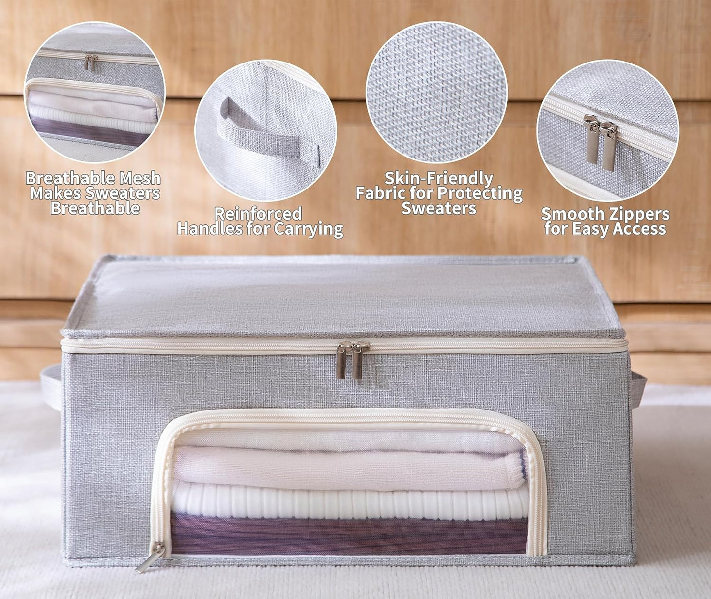 2-Pack Cashmere Sweater Storage Bags with Natural Cedar Blocks, Breathable Clothes Storage Bag with Mesh Window & Handles, Foldable Closet Garment Storage for Cashmere, Wool & Knitwear-Grey