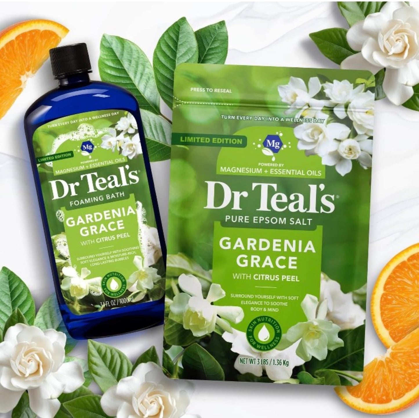 Dr Teal's Gardenia Grace Limited Edition Bath Set with Citrus Peel, Pure Epsom Salt and Foaming Bath Duo, Magnesium Sulfate with Essential Oils